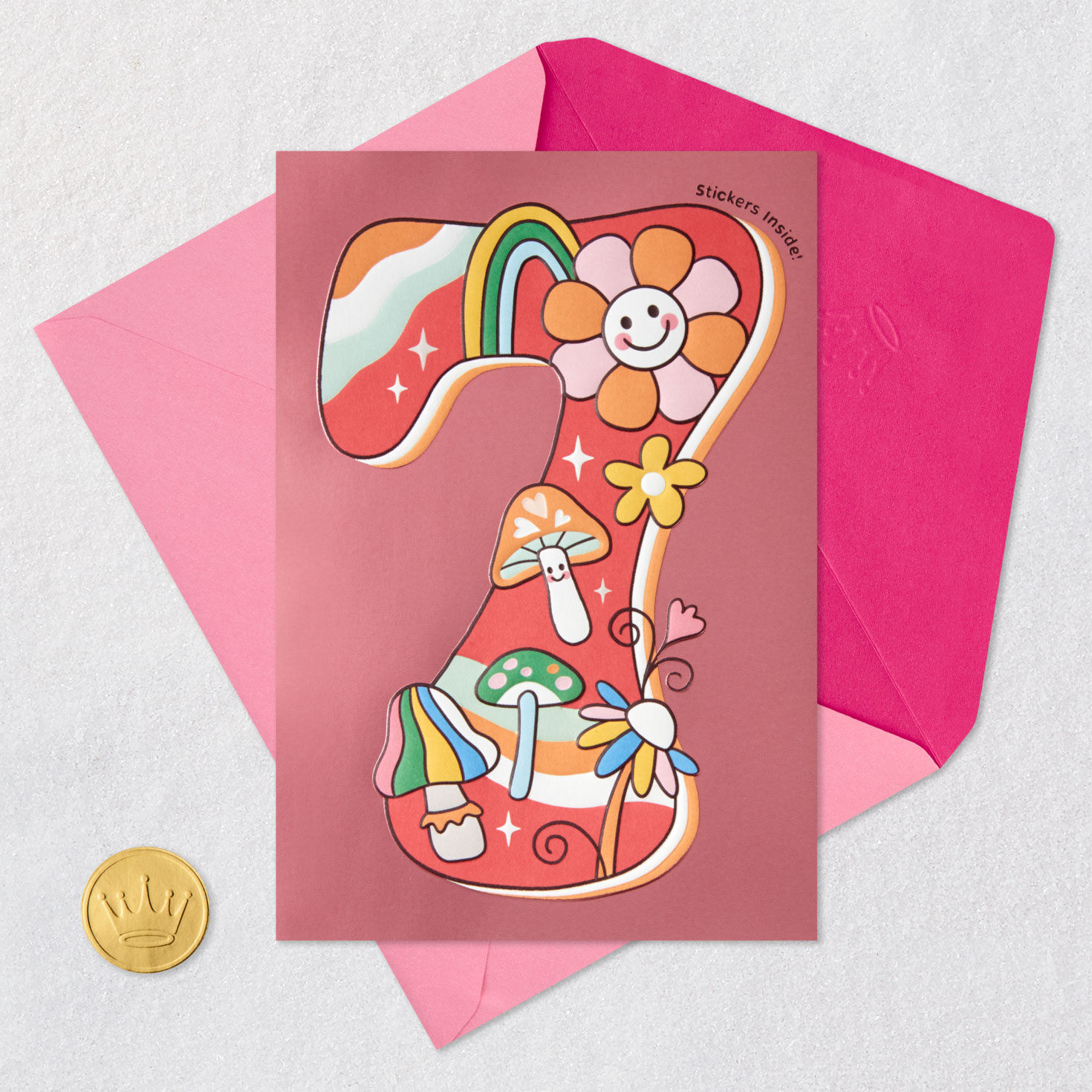 Mushrooms & Flowers Stickers Pop-Up 7th Birthday Card Card Front with Envelope and Gold Seal image number 6