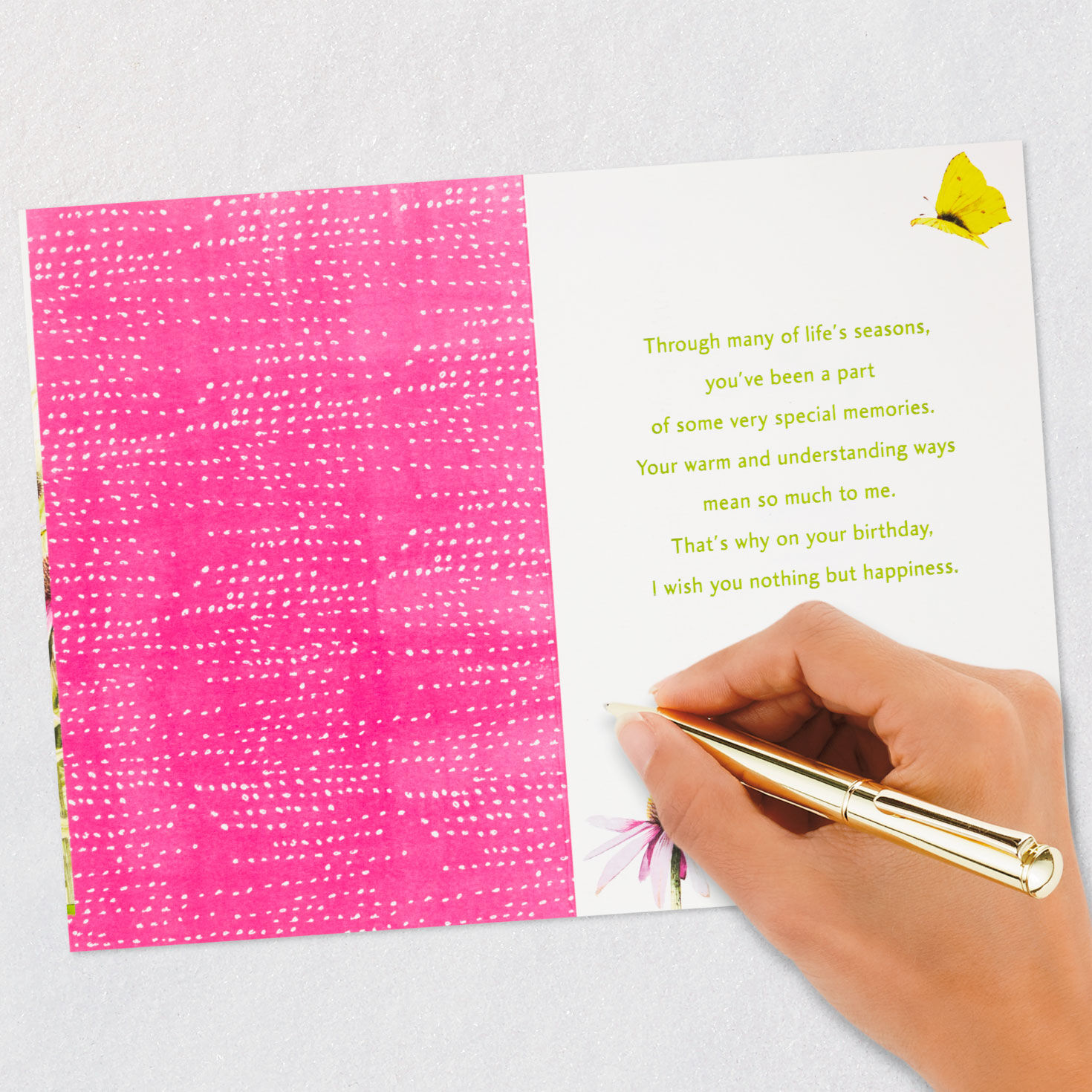 Bastin Flowers and Yellow Birds on White Birthday Card signing card image number 6