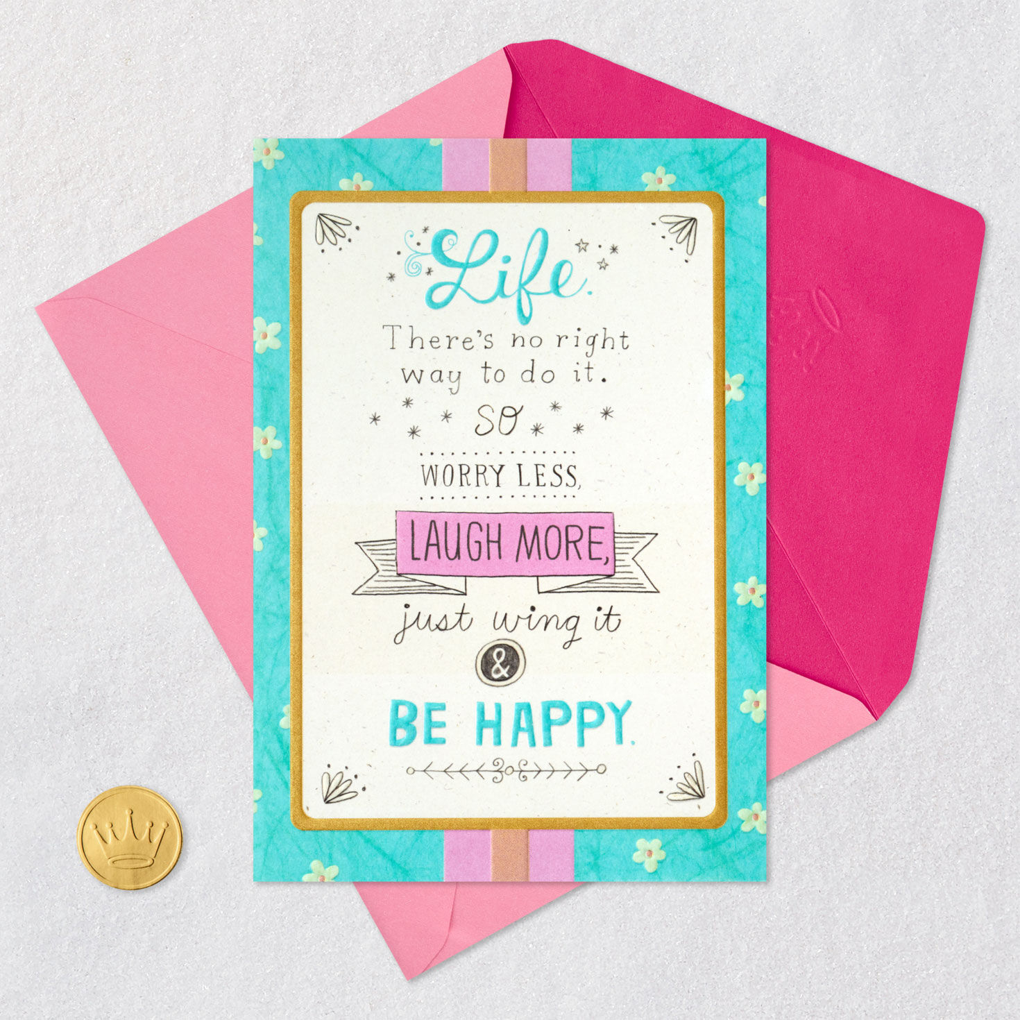 Daisy Flowers on Aqua and Pink Birthday Card Card Front with Envelope and Gold Seal image number 5