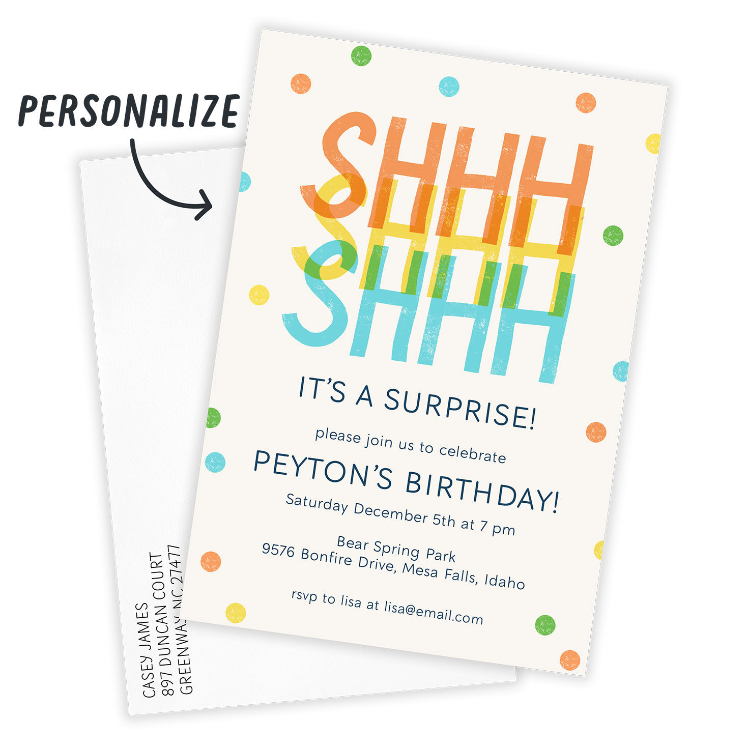 Colored Dots Shhh Personalized Party Invitation Card Front indicating personalization image number 2