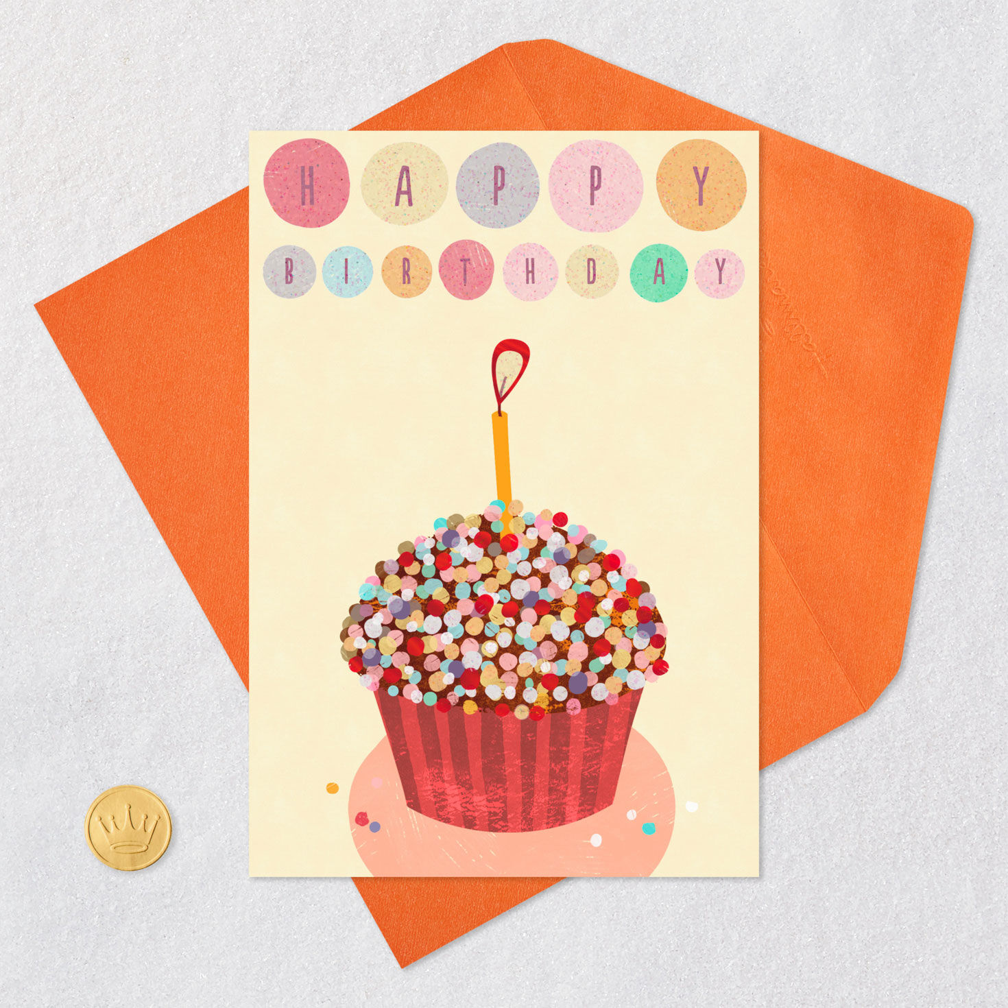 Cupcake With Candle and Confetti Happy Birthday Card Card Front with Envelope and Gold Seal image number 5