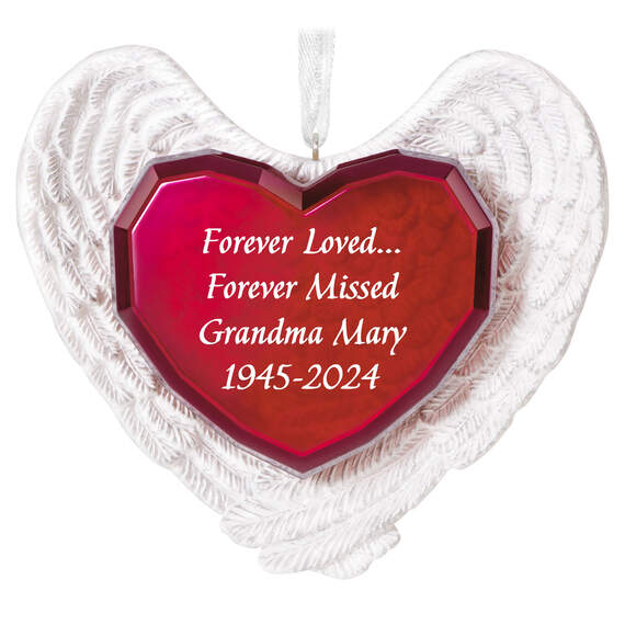 Forever Loved Memorial Heart and Angel Wings Text Personalized Ornament