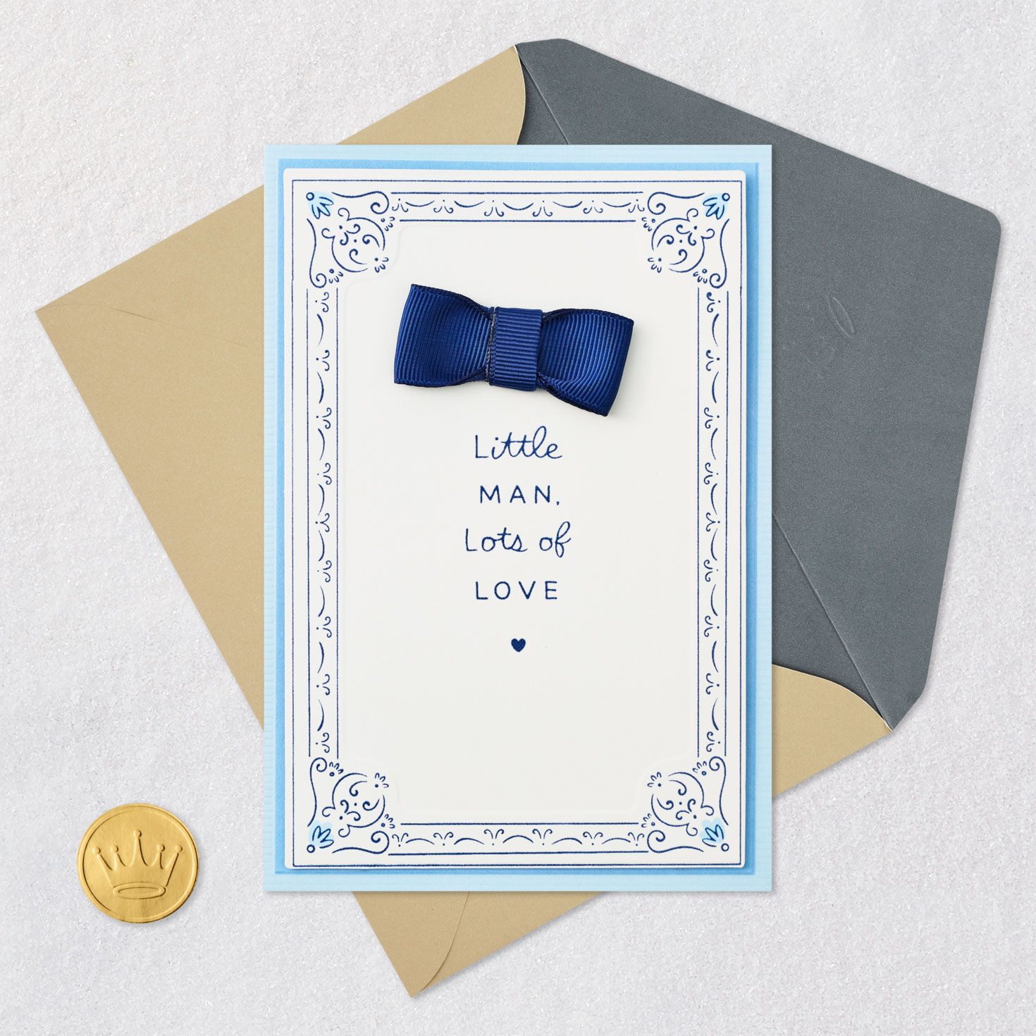 Little Man Blue Bow New Baby Boy Card Card Front with Envelope and Gold Seal image number 5