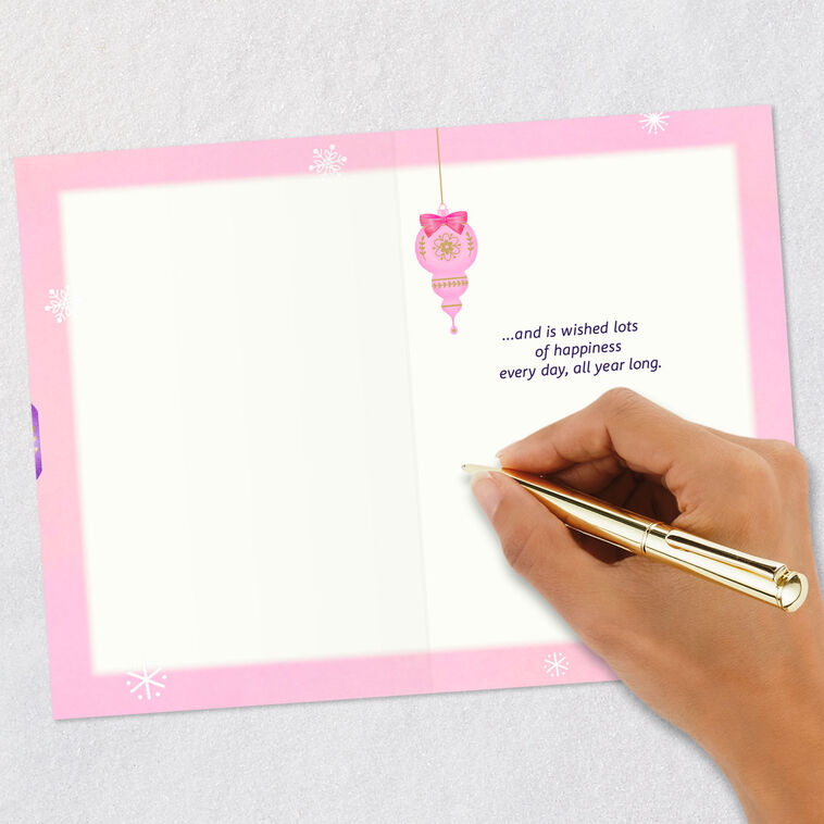 Pink, Teal and Purple Ornaments Niece Christmas Card Signing card image number 6