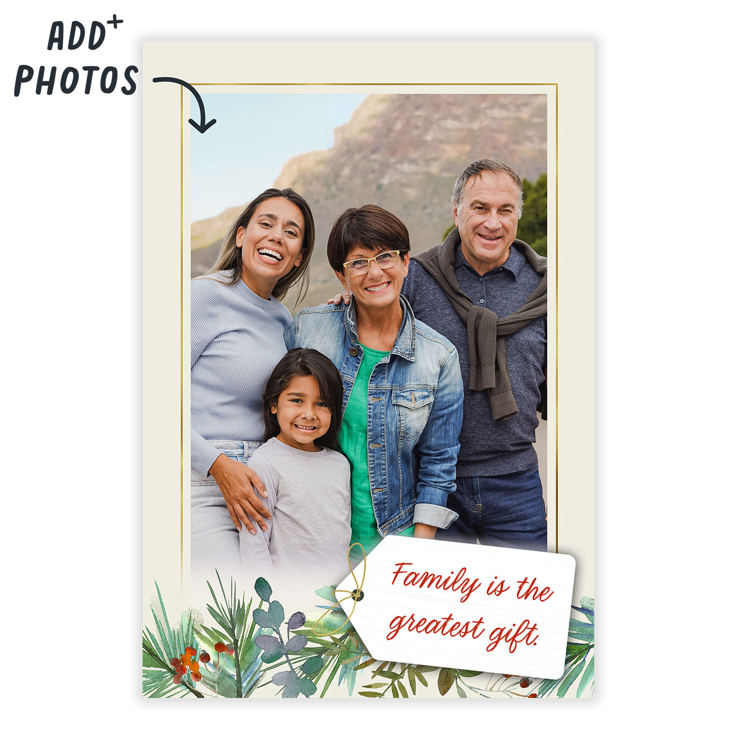 Winter Greens and Tag on Photo Frame Christmas Card Card Front indicating personalization image number 2