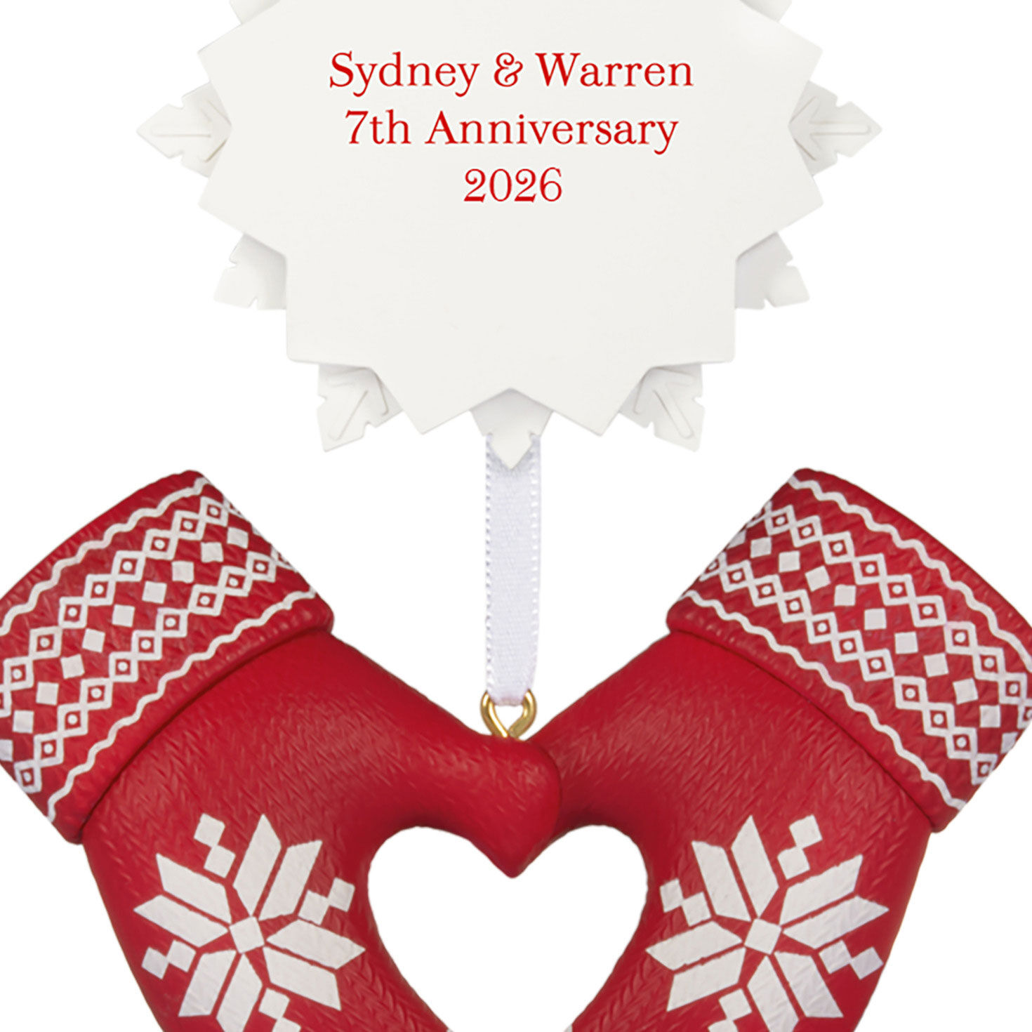 Red Mittens With Snowflake Personalized Ornament closeup view image number 5