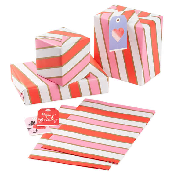 Pink, Coral and Gold Foil Stripes Flat Wrapping Paper With Gift Tags, 3 sheets, , large image number 2