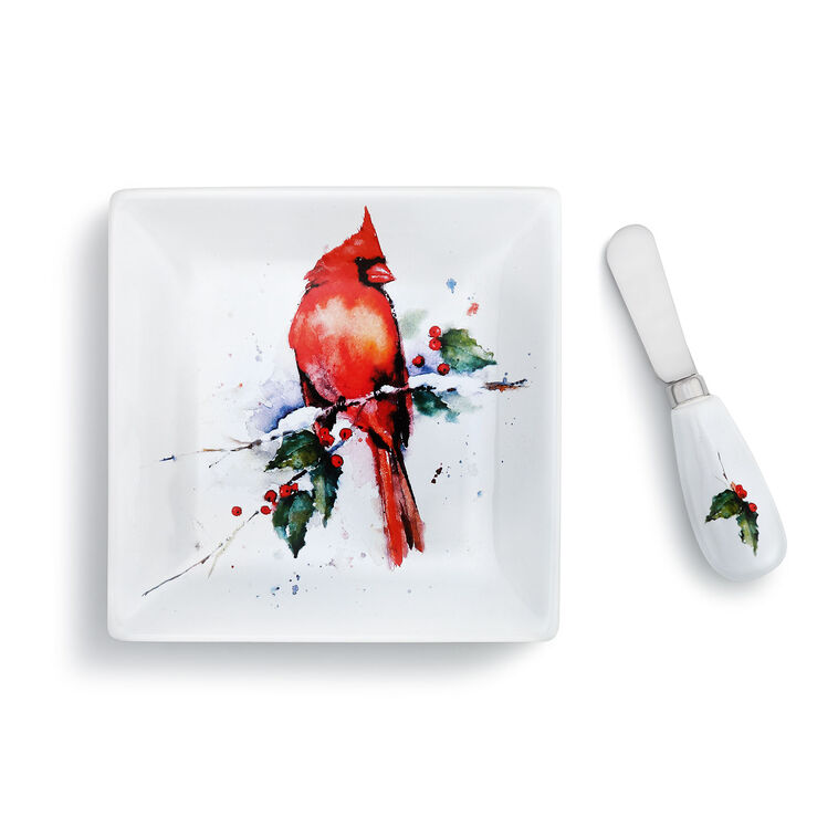 Demdaco Cardinal and Holly Plate With Spreader, Set of 2