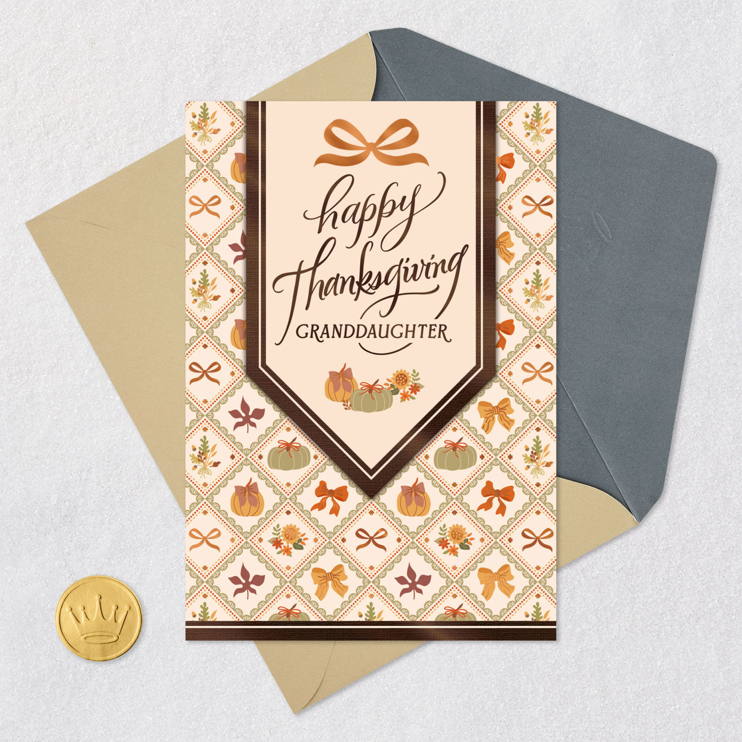 Pumpkins and Bows Thanksgiving Card for Granddaughter Card Front with Envelope and Gold Seal image number 5