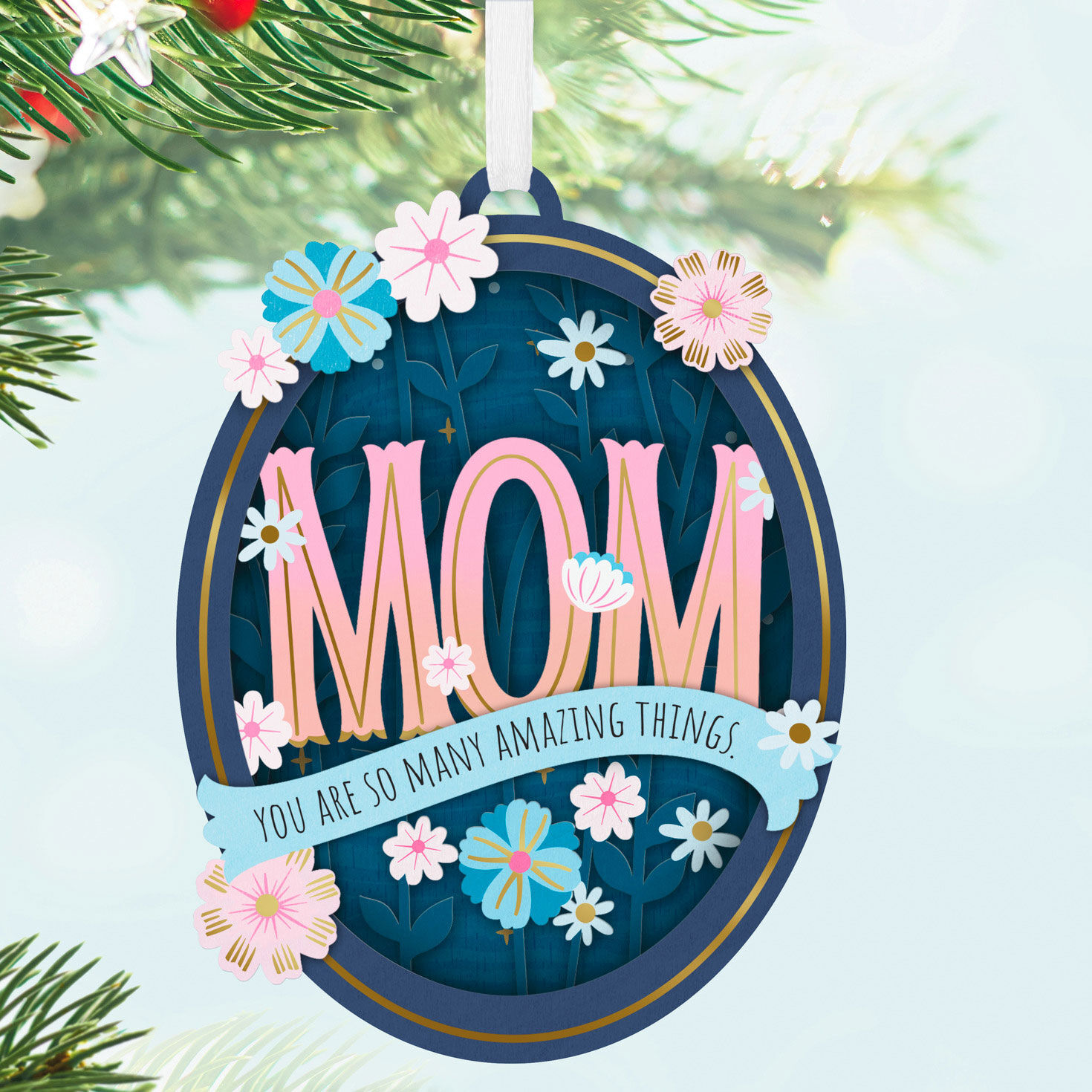 Mom Blue Pink Oval With Flowers Keepsake Ornament Hanging on tree image number 2