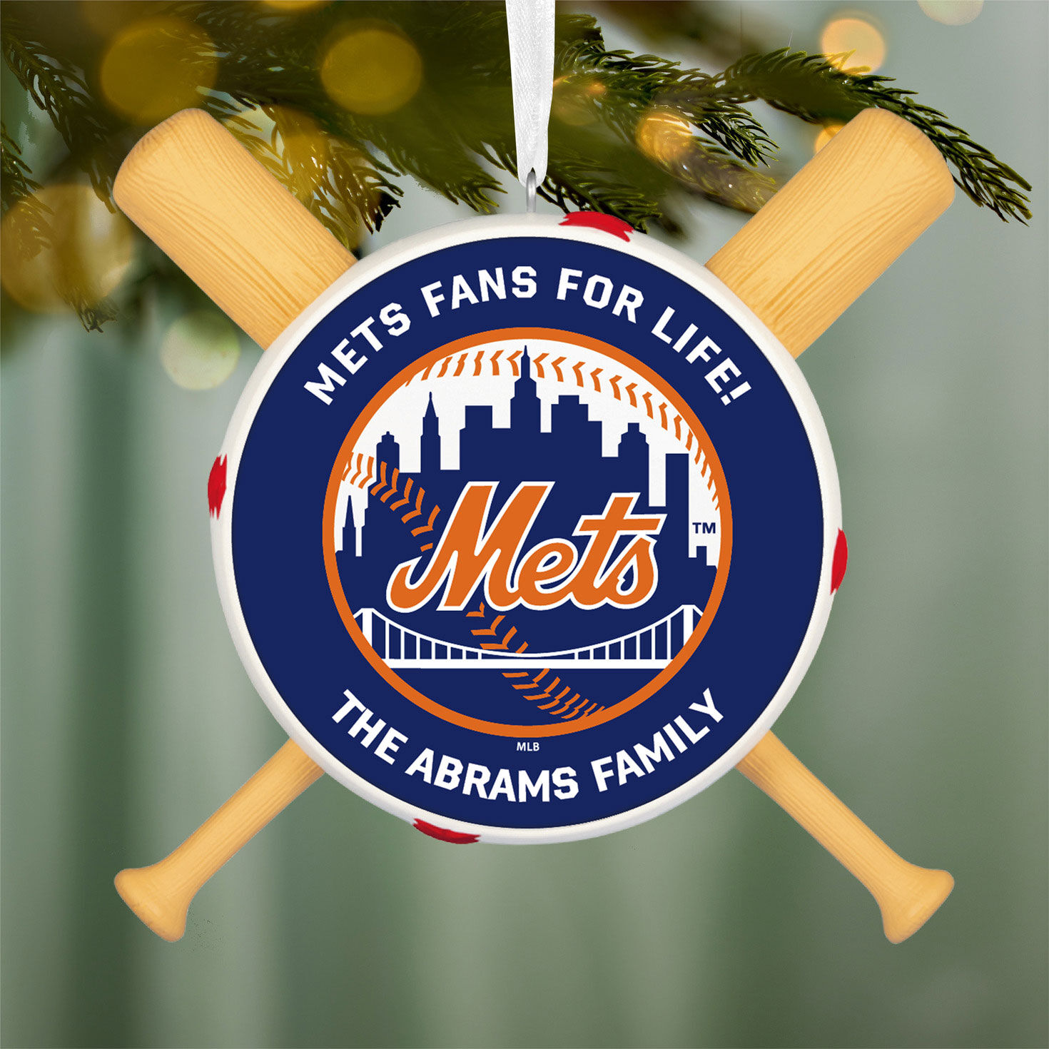 New York Mets Personalized Text Ornament hanging on tree image number 3