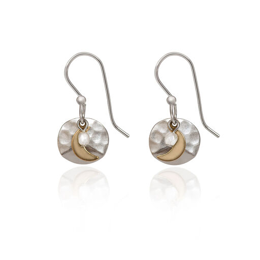 Silver Forest Crescent Moon on Hammered Disc Mixed Metal Drop Earrings, 