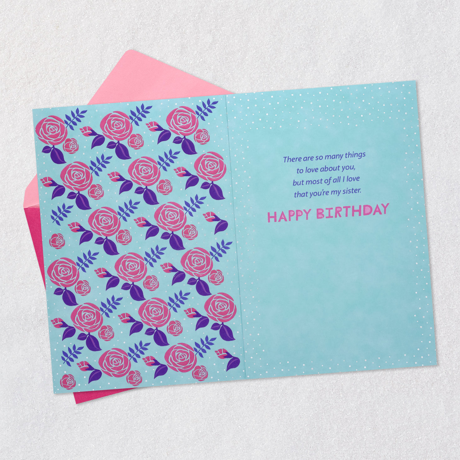 Pink Roses and Acrostic Poem Sister Birthday Card Open card with envelope image number 3
