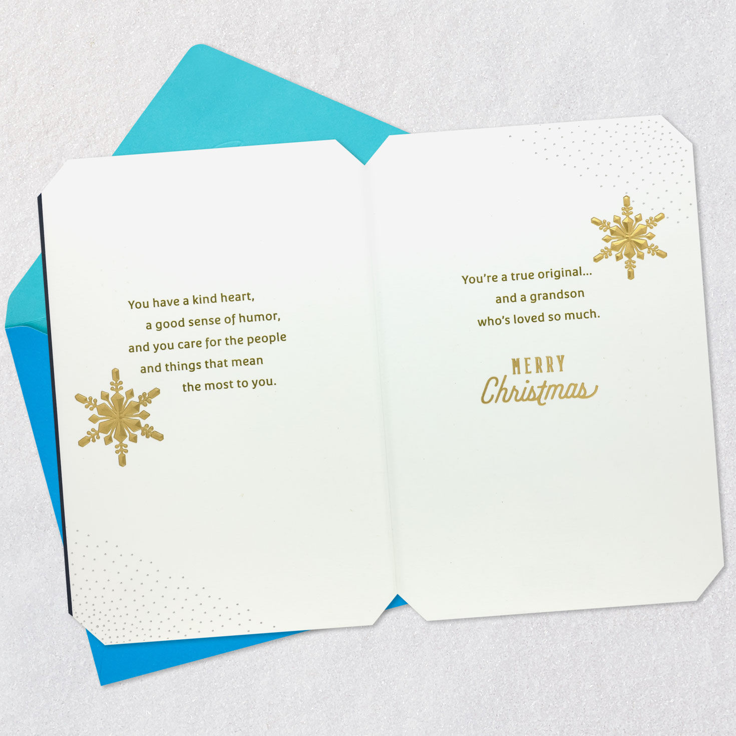 Gold Snowflake on Navy Christmas Card for Grandson Open card with envelope image number 4