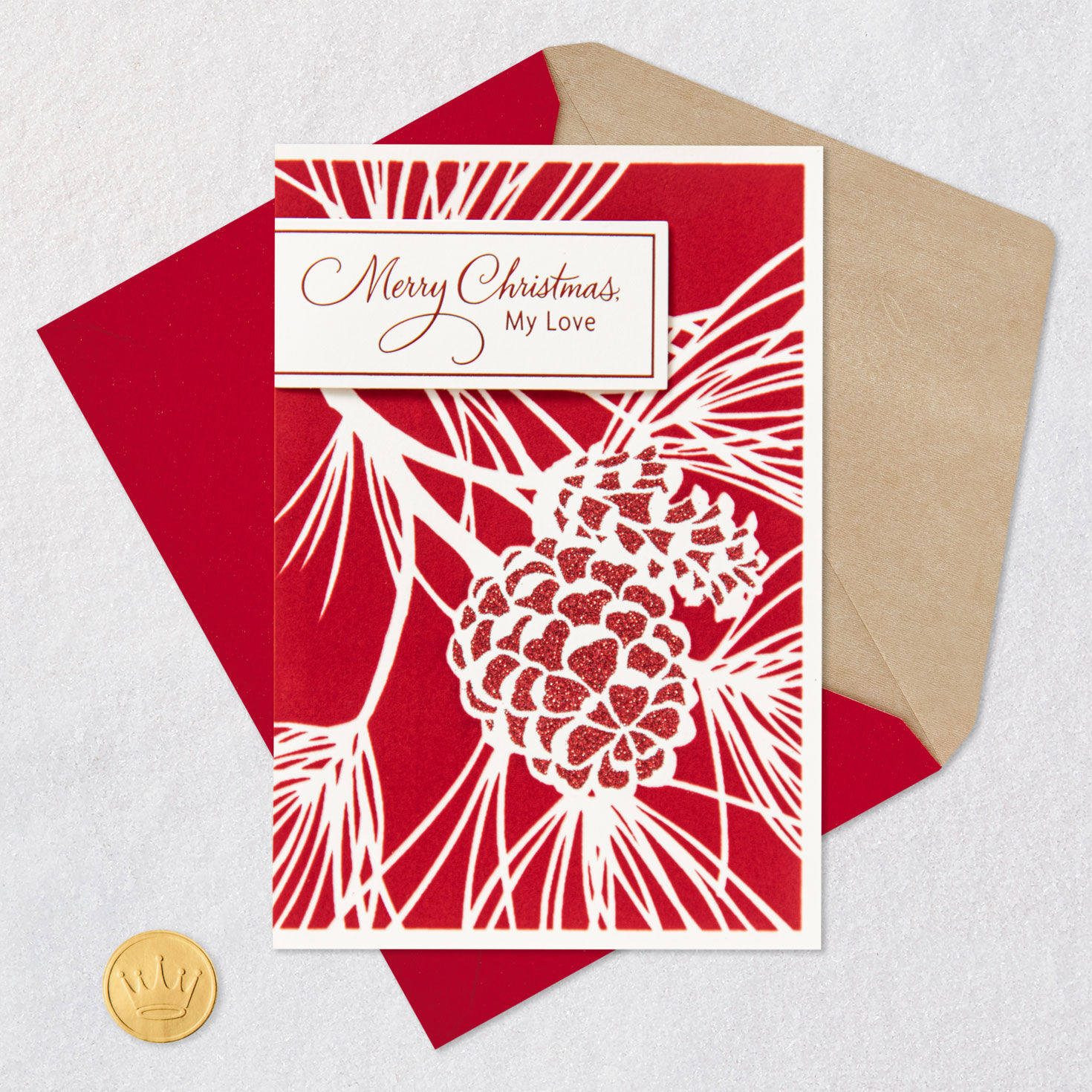 Sparkly Red and White Pine Cones Romantic Christmas Card Card Front with Envelope and Gold Seal image number 6