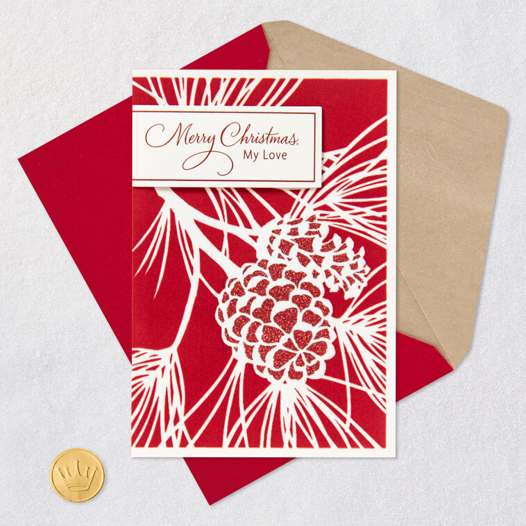 Sparkly Red and White Pine Cones Romantic Christmas Card Card Front with Envelope and Gold Seal image number 6