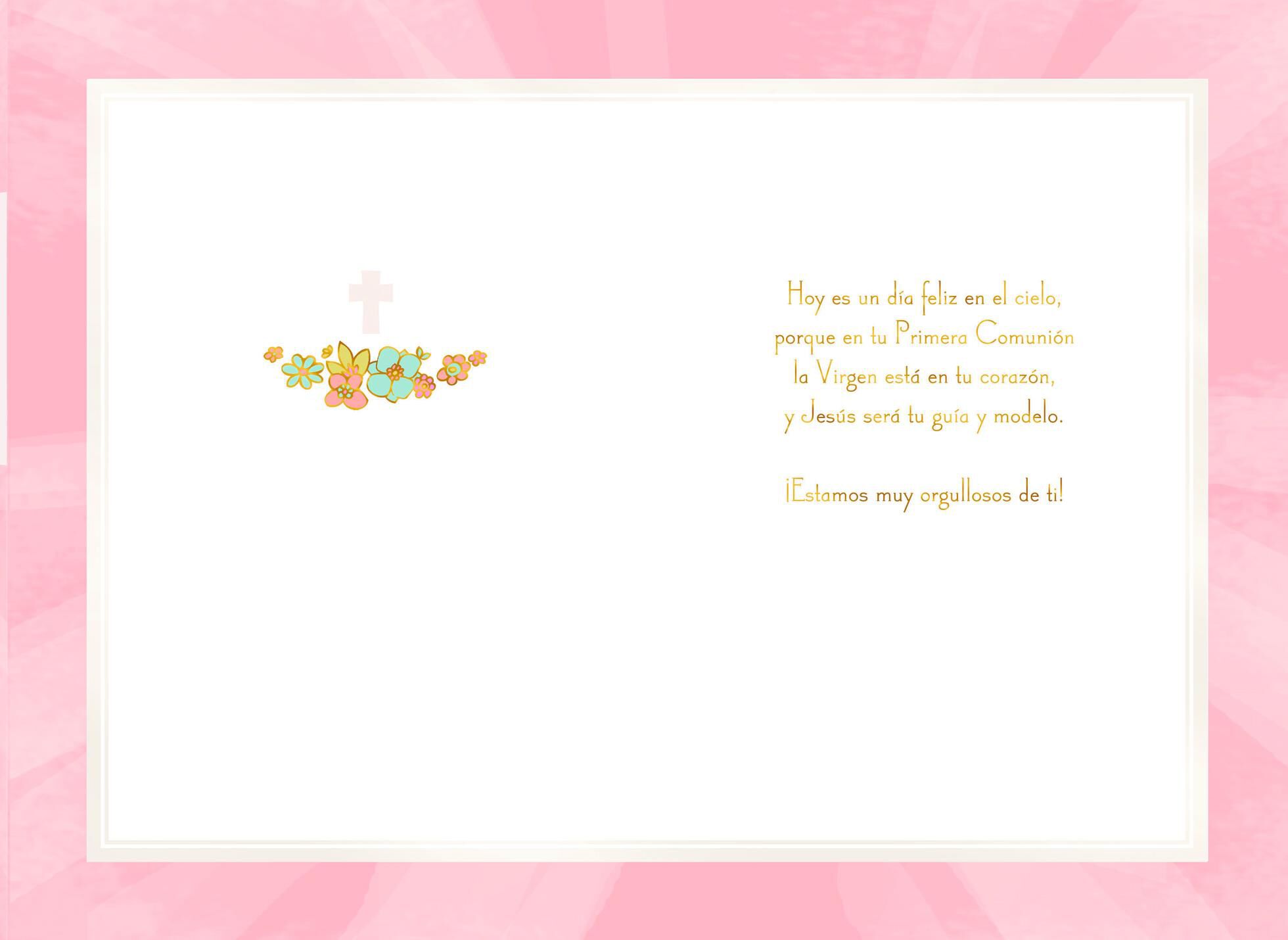 Pink Floral Cross Religious Spanish-Language First Communion Card