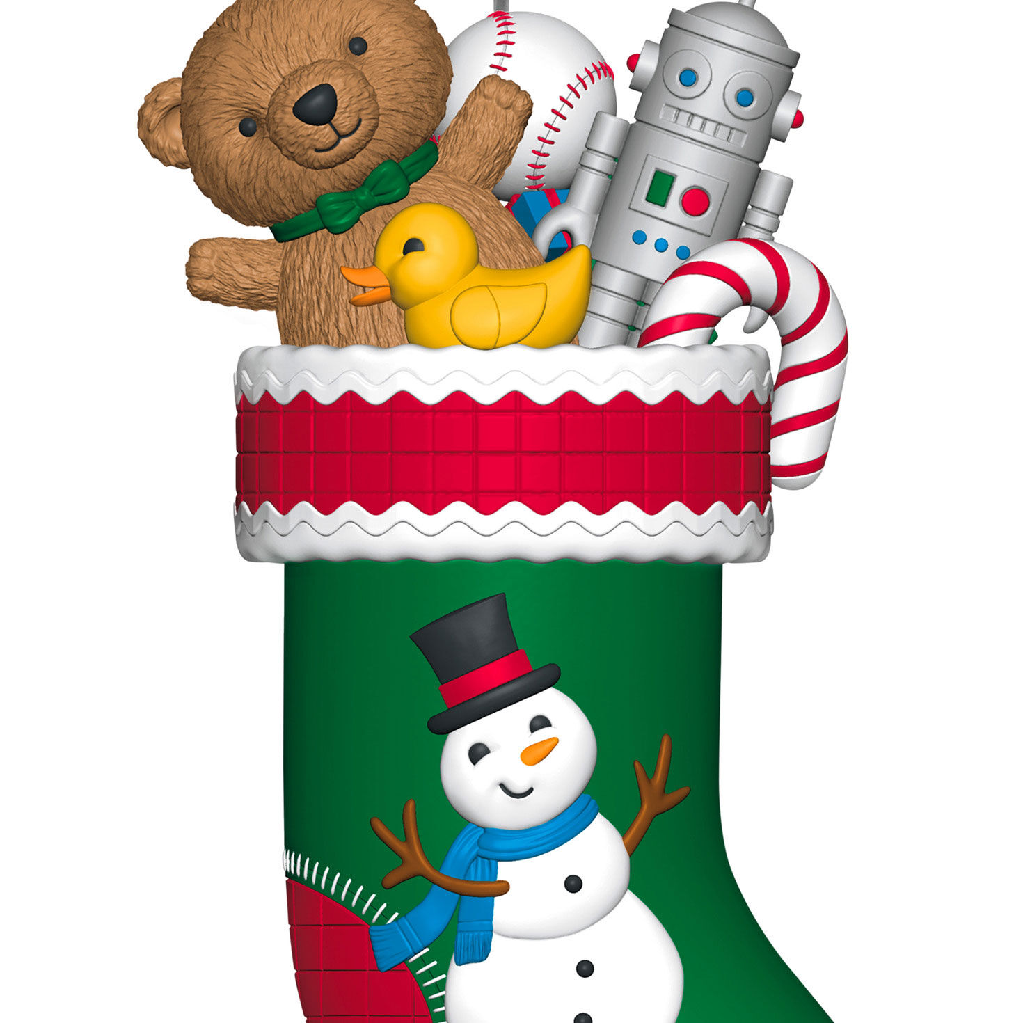 Snowman Stocking With Toys Keepsake Ornament closeup view image number 5