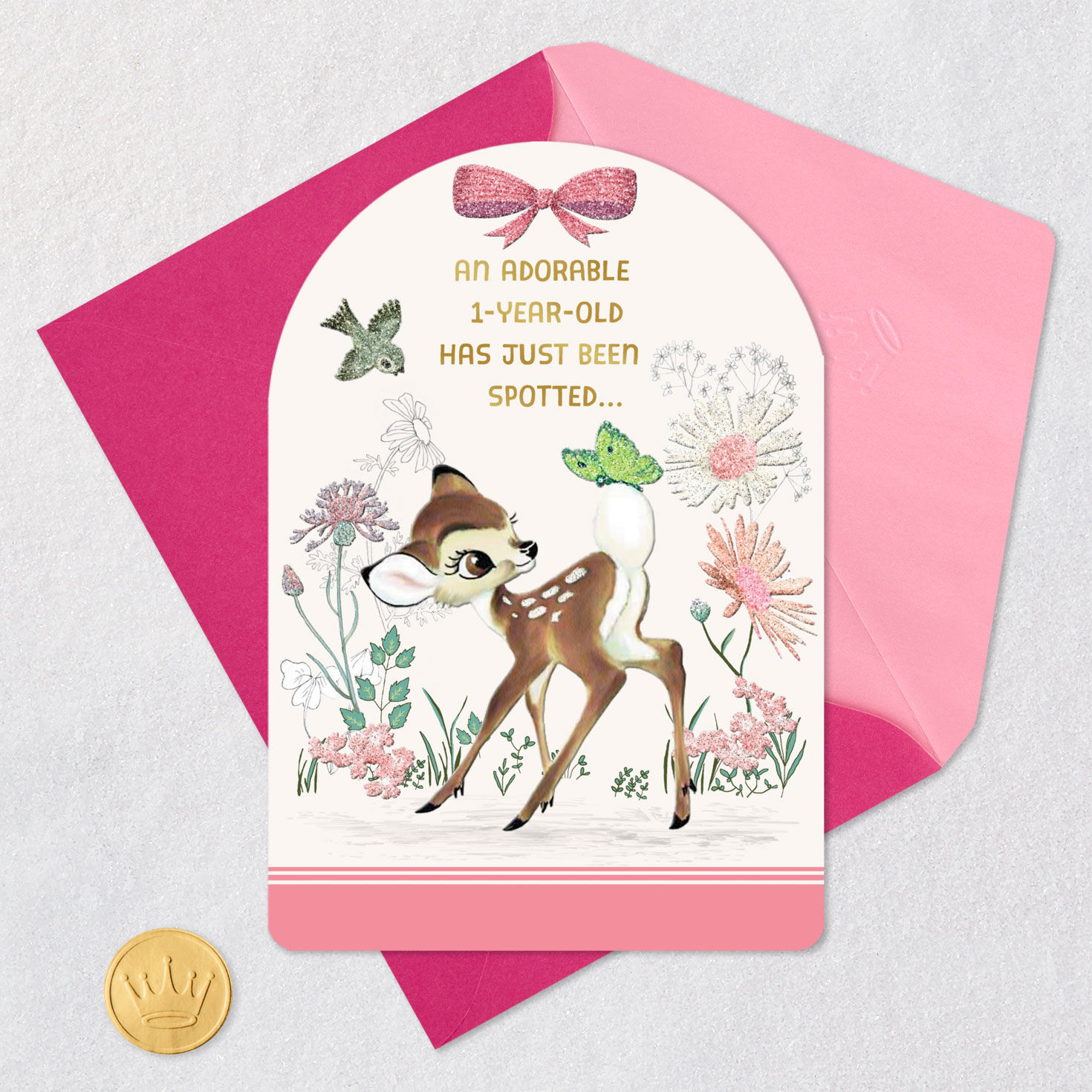 Disney Bambi and Butterfly Girls First Birthday Card Card Front with Envelope and Gold Seal image number 5
