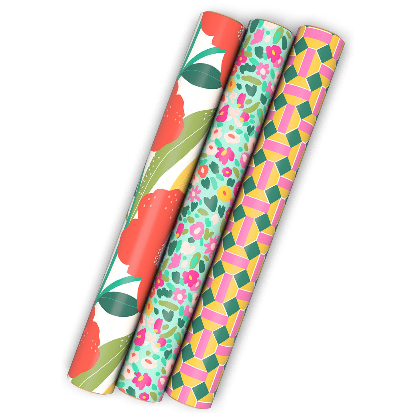 Florals and Geometric 3-Pack Wrapping Paper Mini Roll Bundle, 60 sq. ft. total