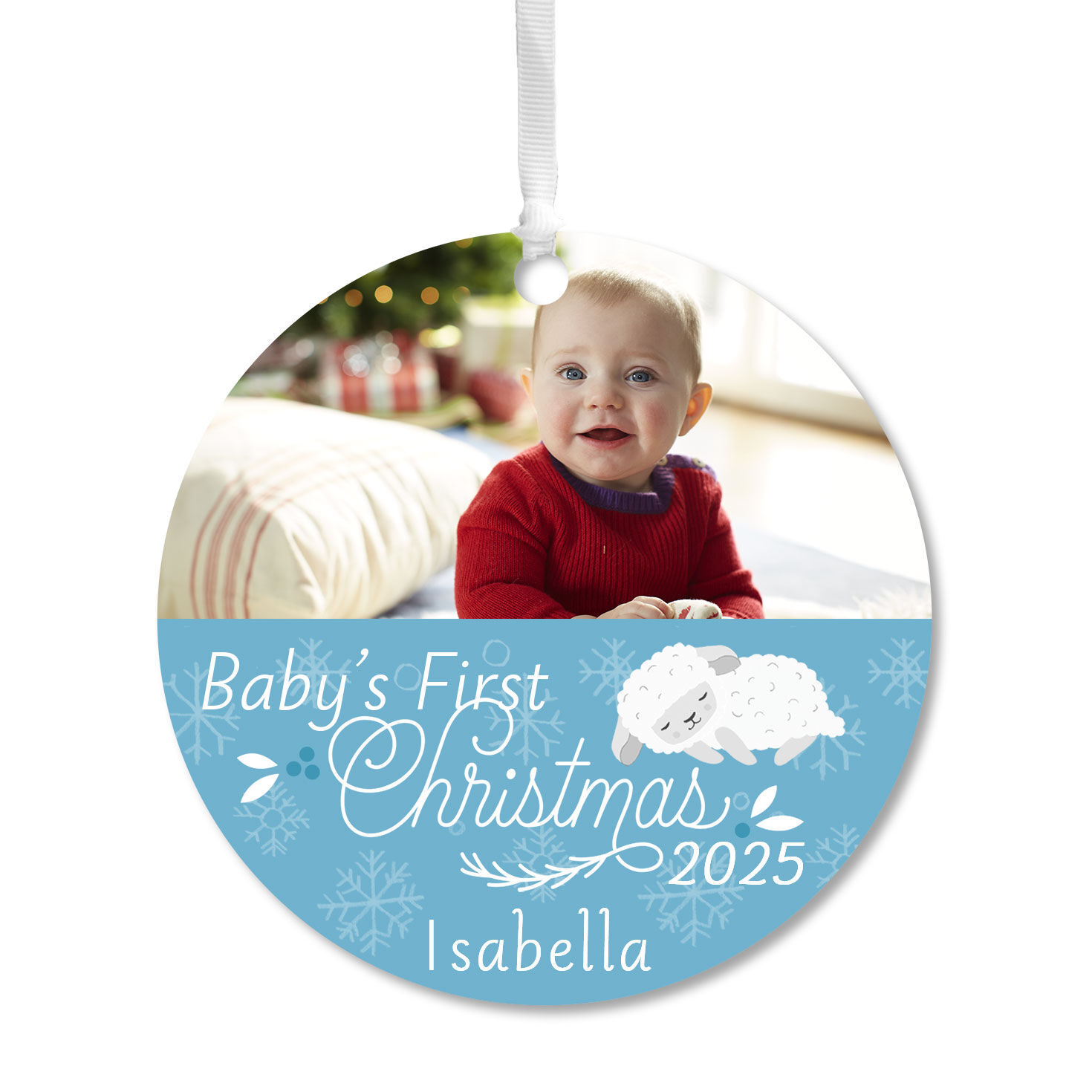 Baby's First Christmas Round Metal Personalized Ornament, Custom Horizontal Photo and Text