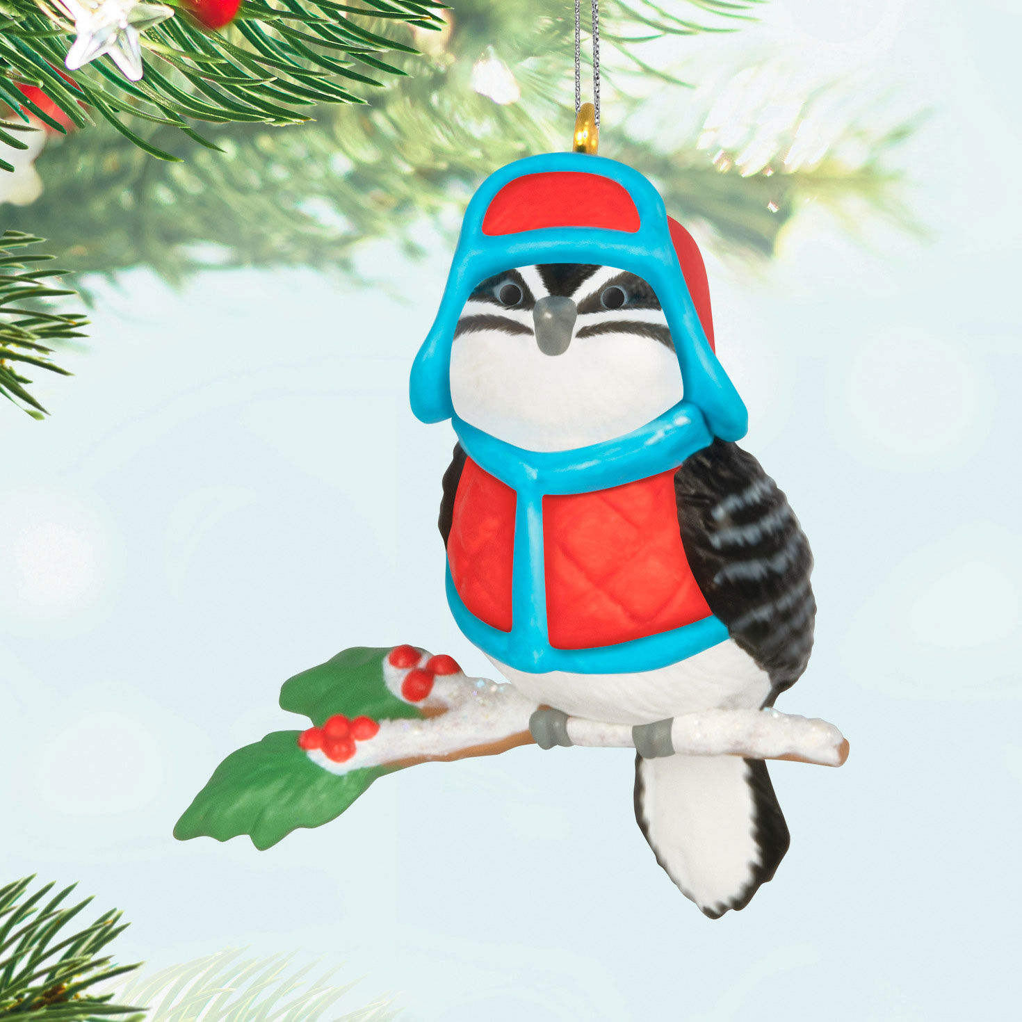 Black White Bird in Coat and Hat Keepsake Ornament Hanging on tree image number 2