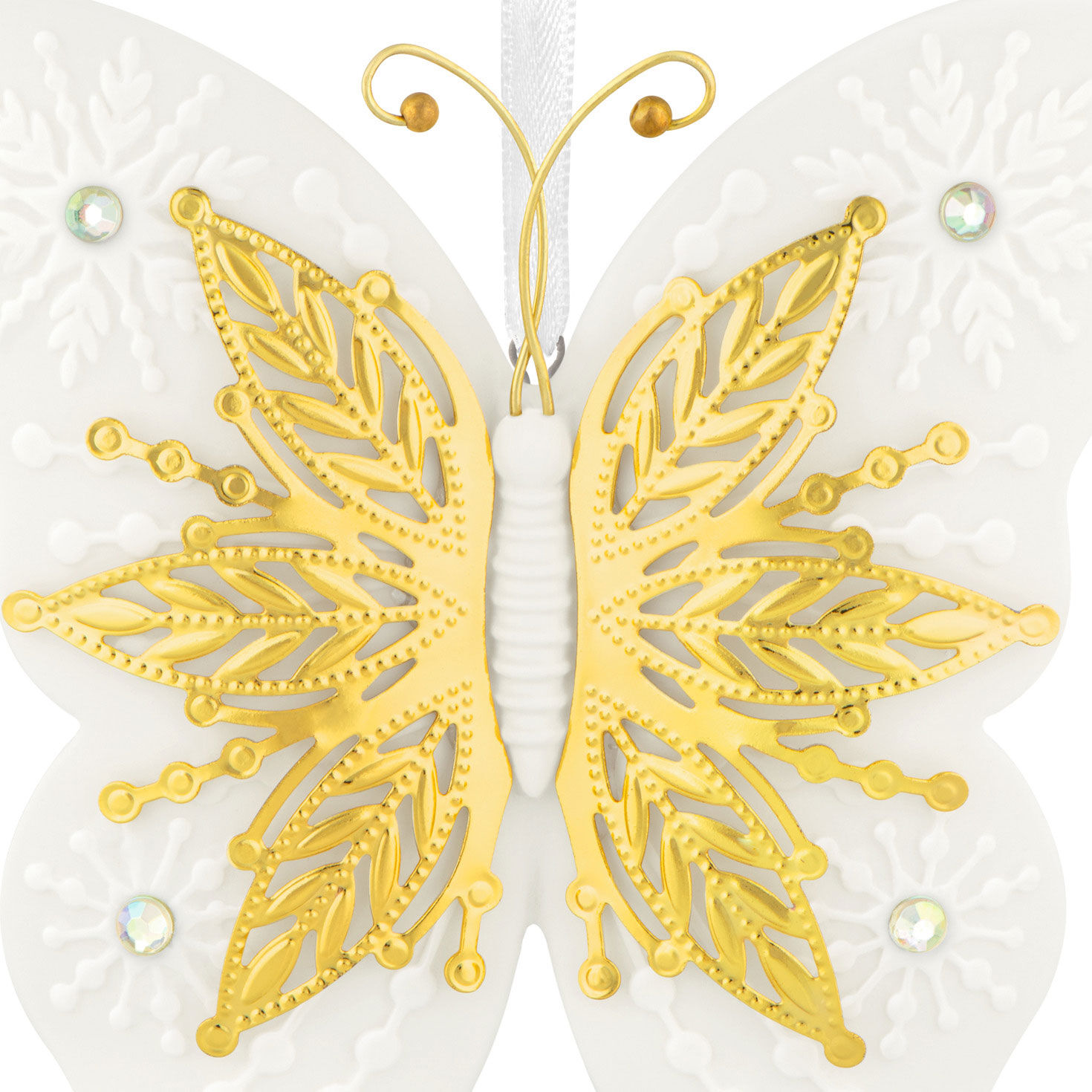 White Ceramic With Gold Butterfly Keepsake Ornament upclose view image number 5