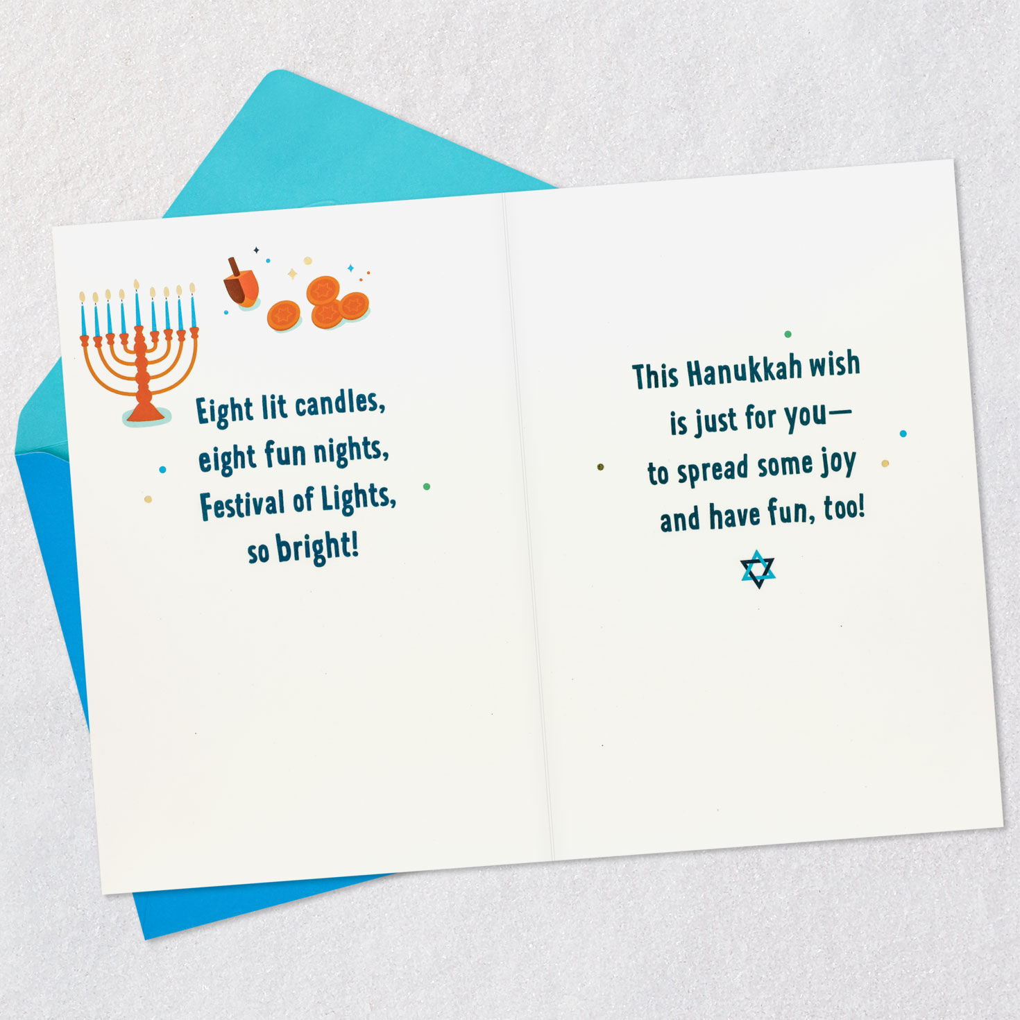 Dreidels and Donuts Poem Hanukkah Card for Kid Open card with envelope image number 4