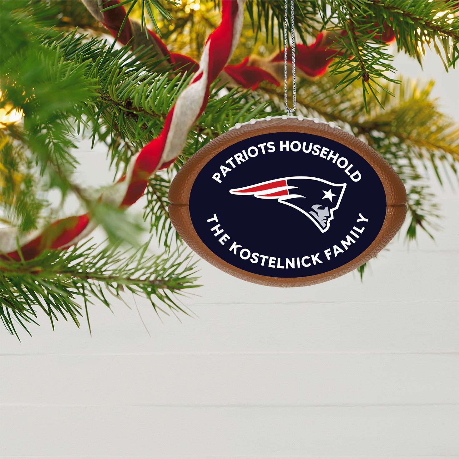 NFL Football New England Patriots Text Personalized Ornament hanging on tree image number 4