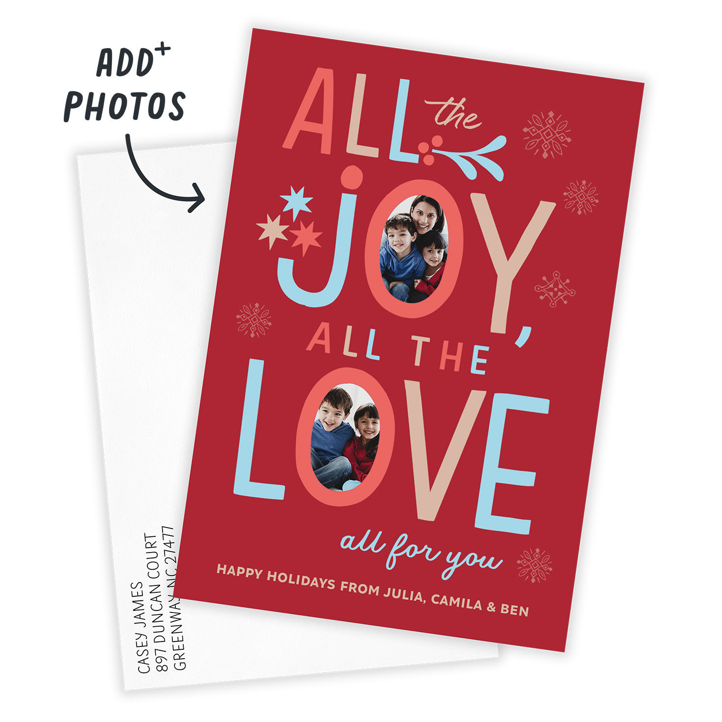 Red Blue Beige Letters Personalized Holiday Card Card Front indicating personalization image number 2