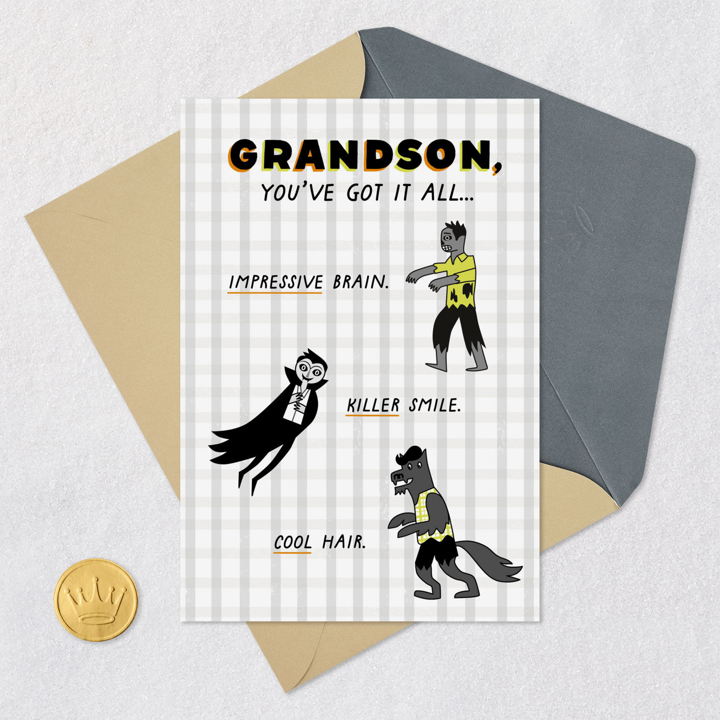 Cute Monsters Halloween Card for Grandson Card Front with Envelope and Gold Seal image number 5