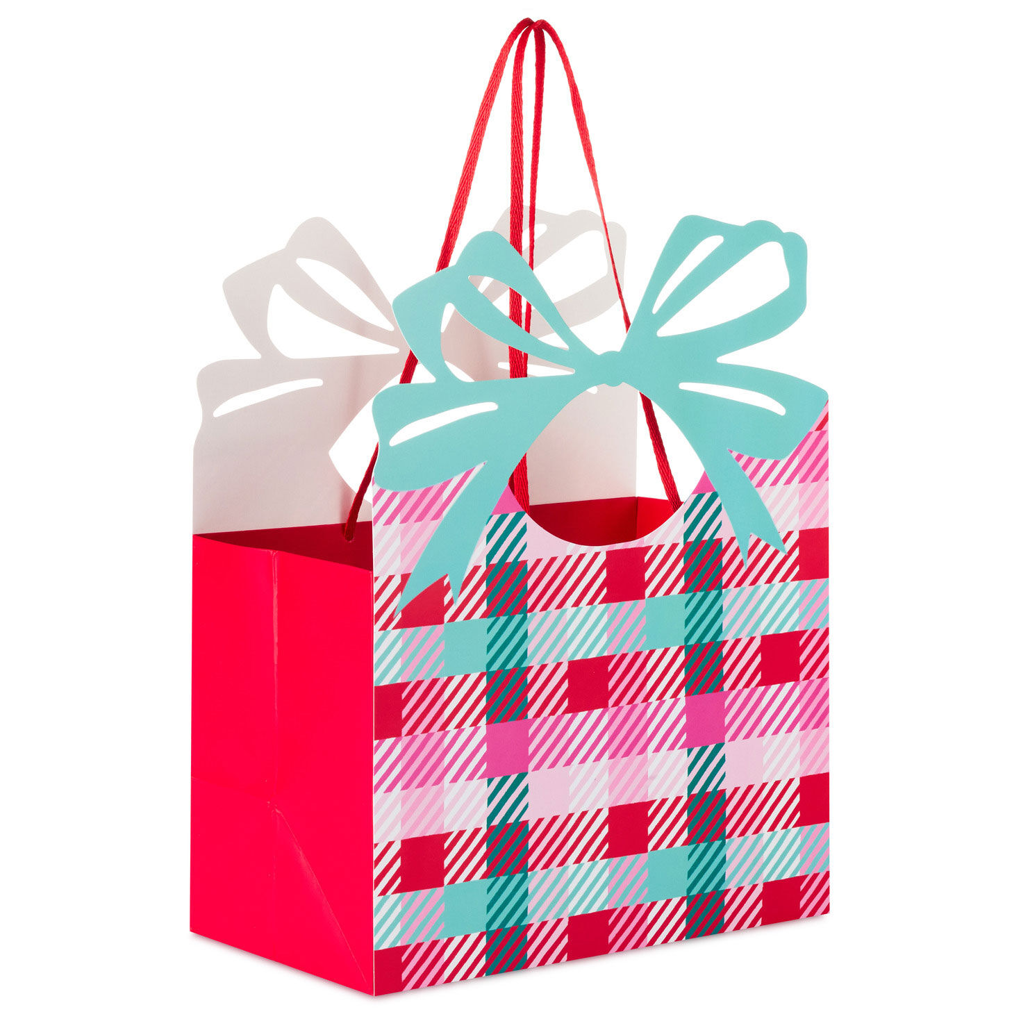 7.3" Colorful Check With Die-Cut Bow Medium Holiday Gift Bag