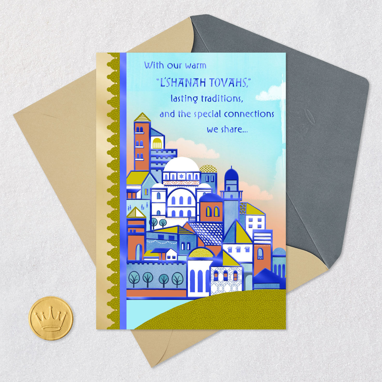 Buildings Rosh Hashanah Card From Both Card Front with Envelope and Gold Seal image number 5