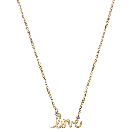 Worn Gold Love Script Delicate Chain Necklace, 16", 