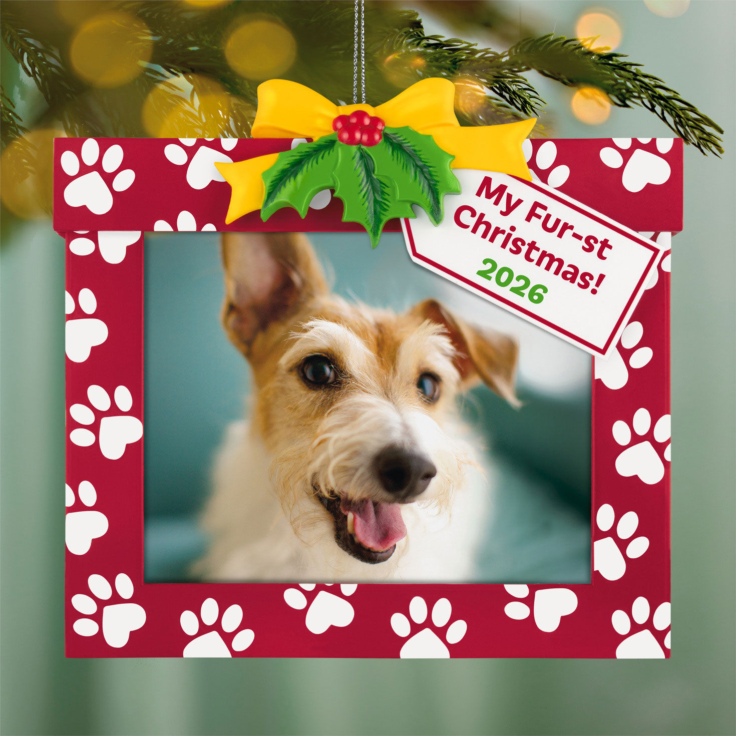 Christmas Present Pet Personalized Photo Ornament hanging on tree image number 2