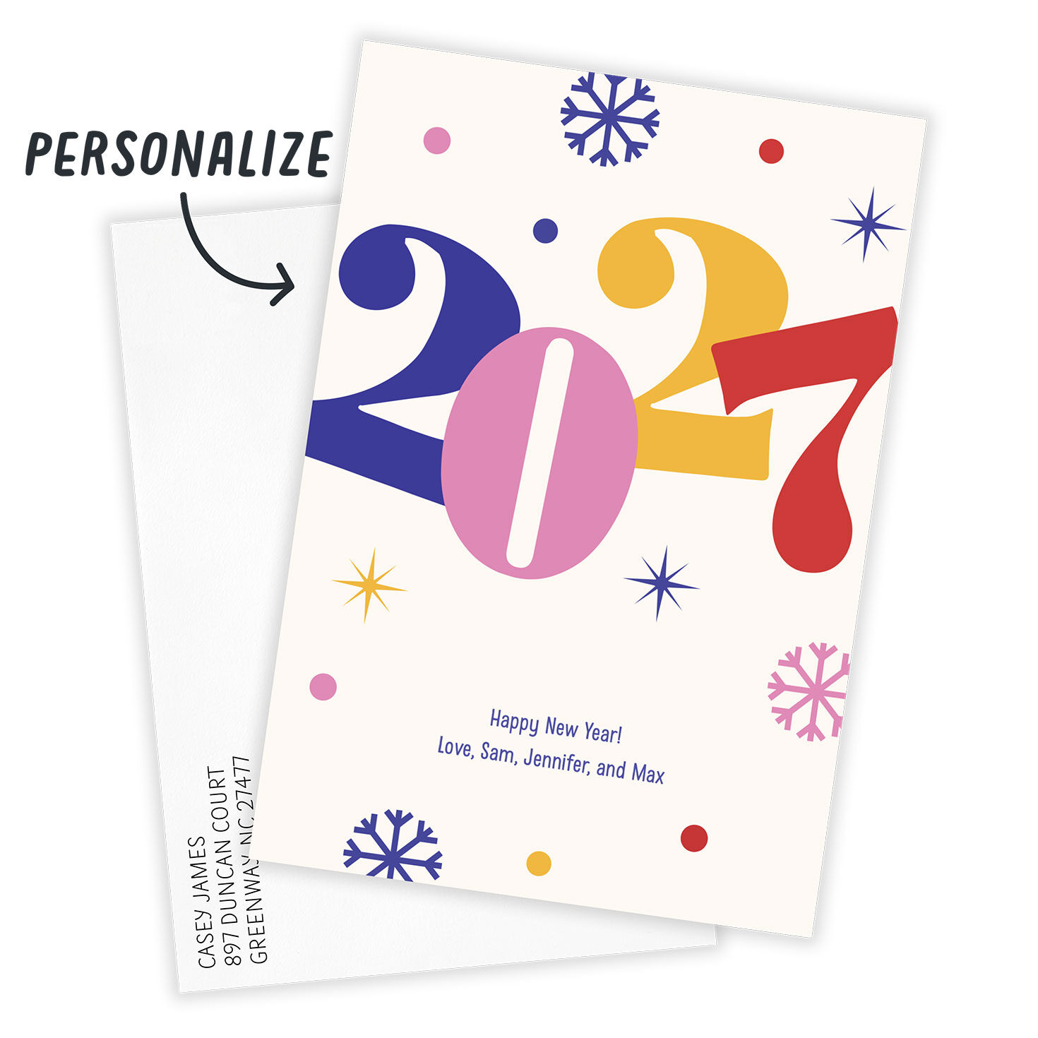 Big Colored 2027 Personalized New Year Photo Card Card Front indicating personalization image number 2