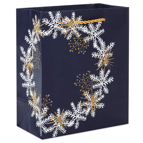 6.5" Snowflake Wreath on Navy Small Holiday Gift Bag, , large