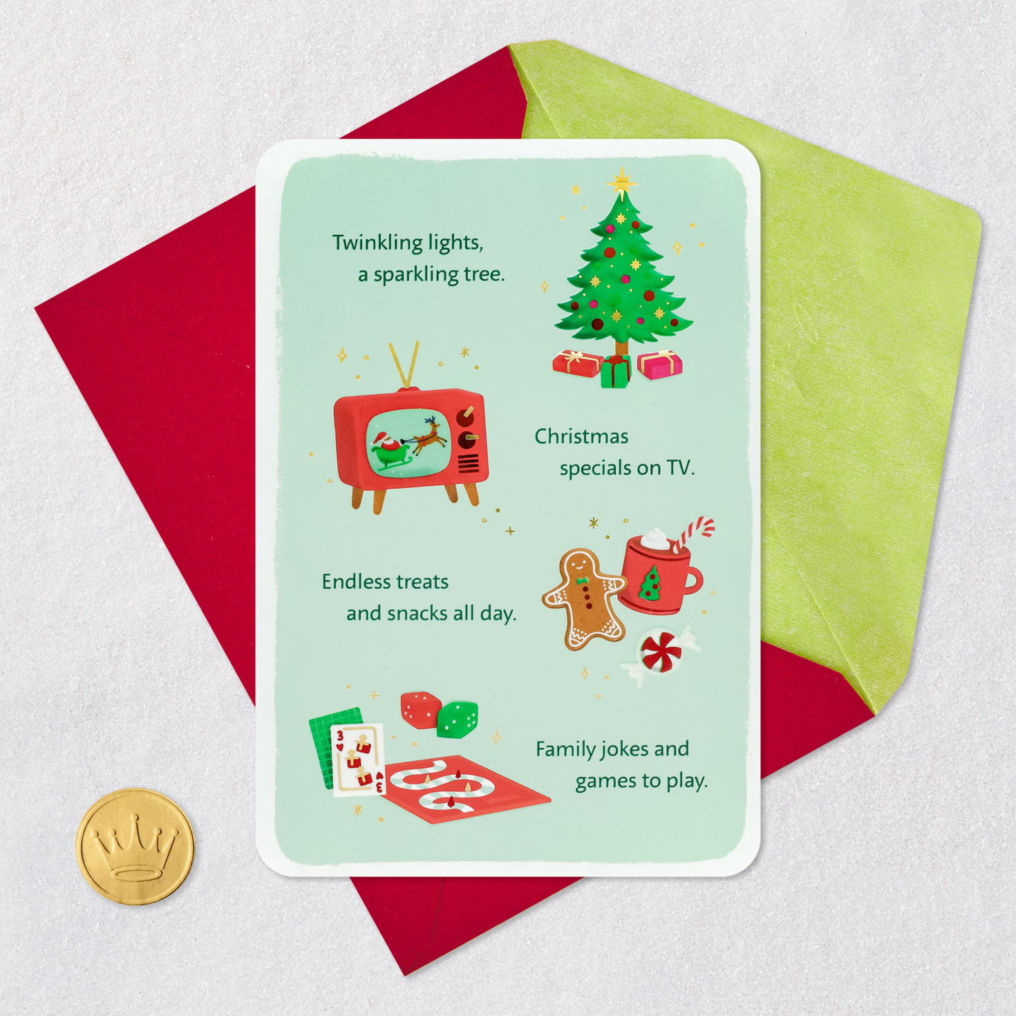 Tree TV Cookies Games Christmas Card Card Front with Envelope and Gold Seal image number 5