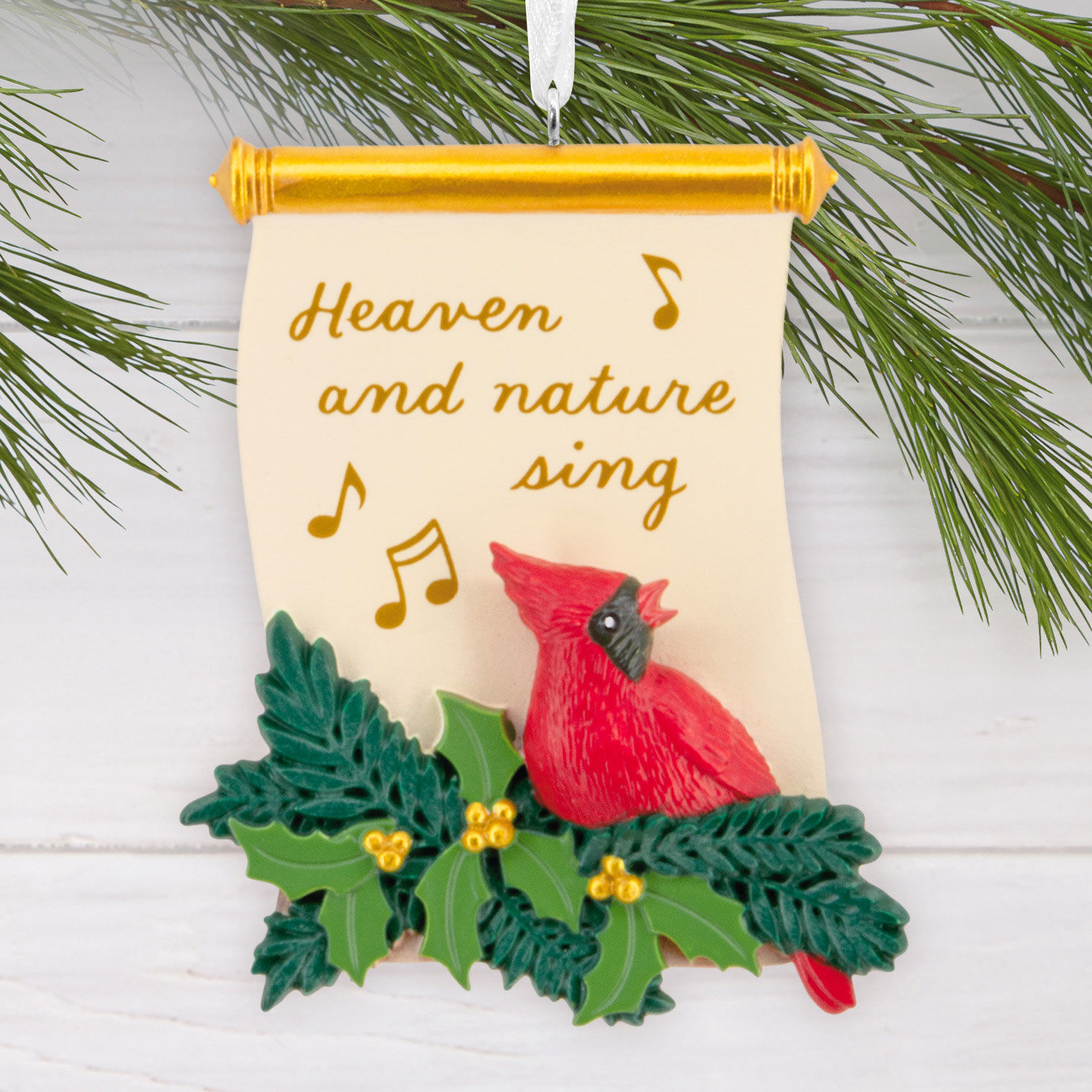 Cardinal on Scroll Christmas Ornament hanging on tree image number 2