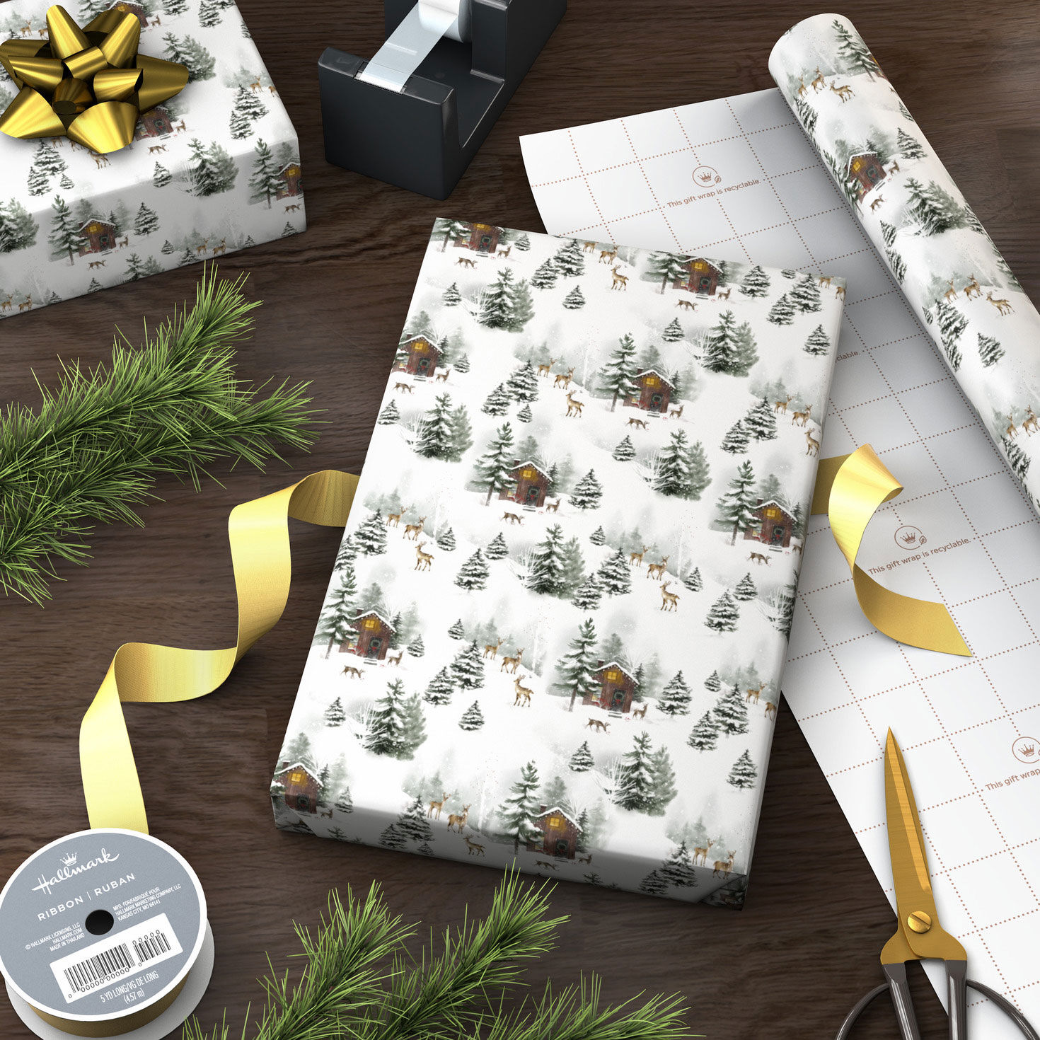 Snowy Cottage on White Holiday Wrapping Paper Roll Wrapped package image number 3