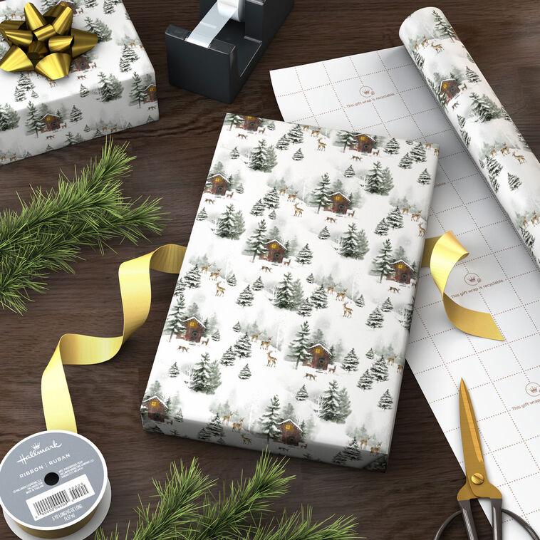 Snowy Cottage on White Holiday Wrapping Paper Roll Wrapped package image number 3