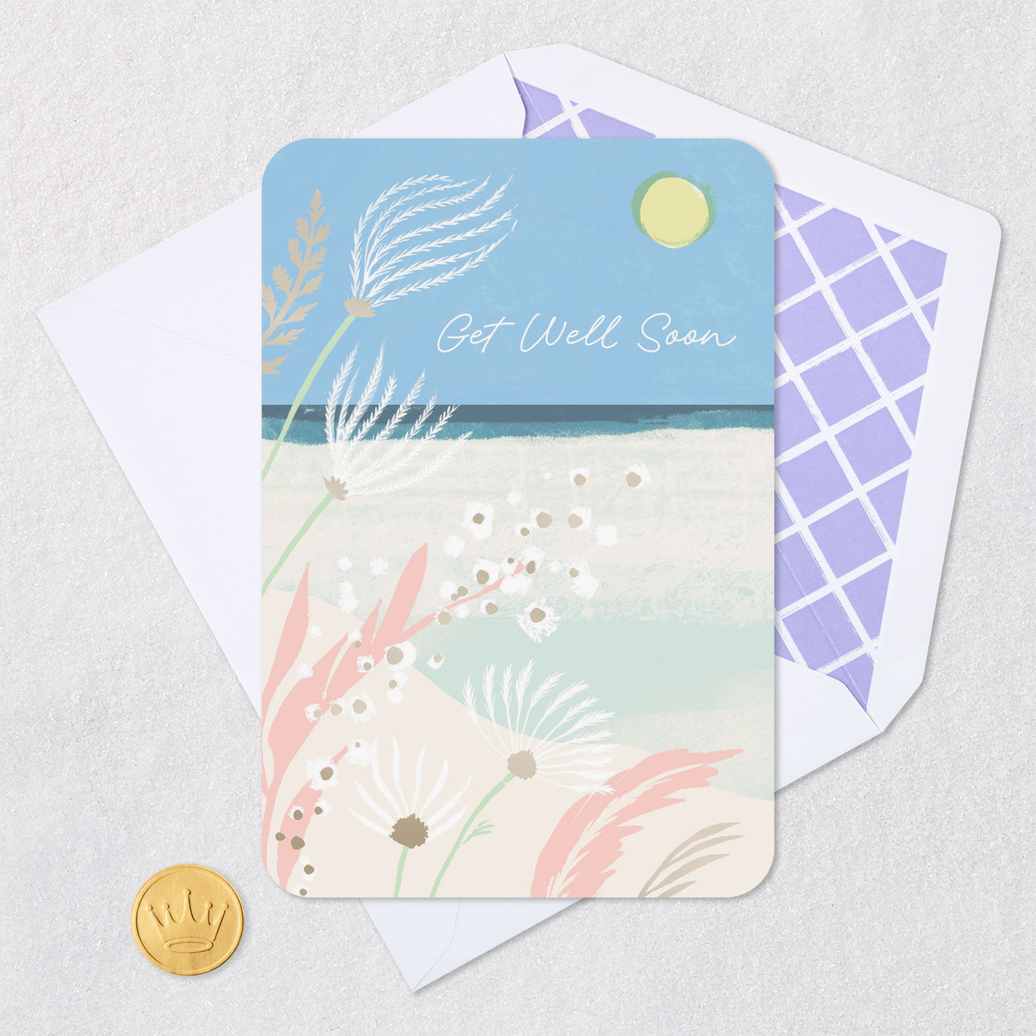 Sunny Seaside Beach Scene Get Well Card Card Front with Envelope and Gold Seal image number 5