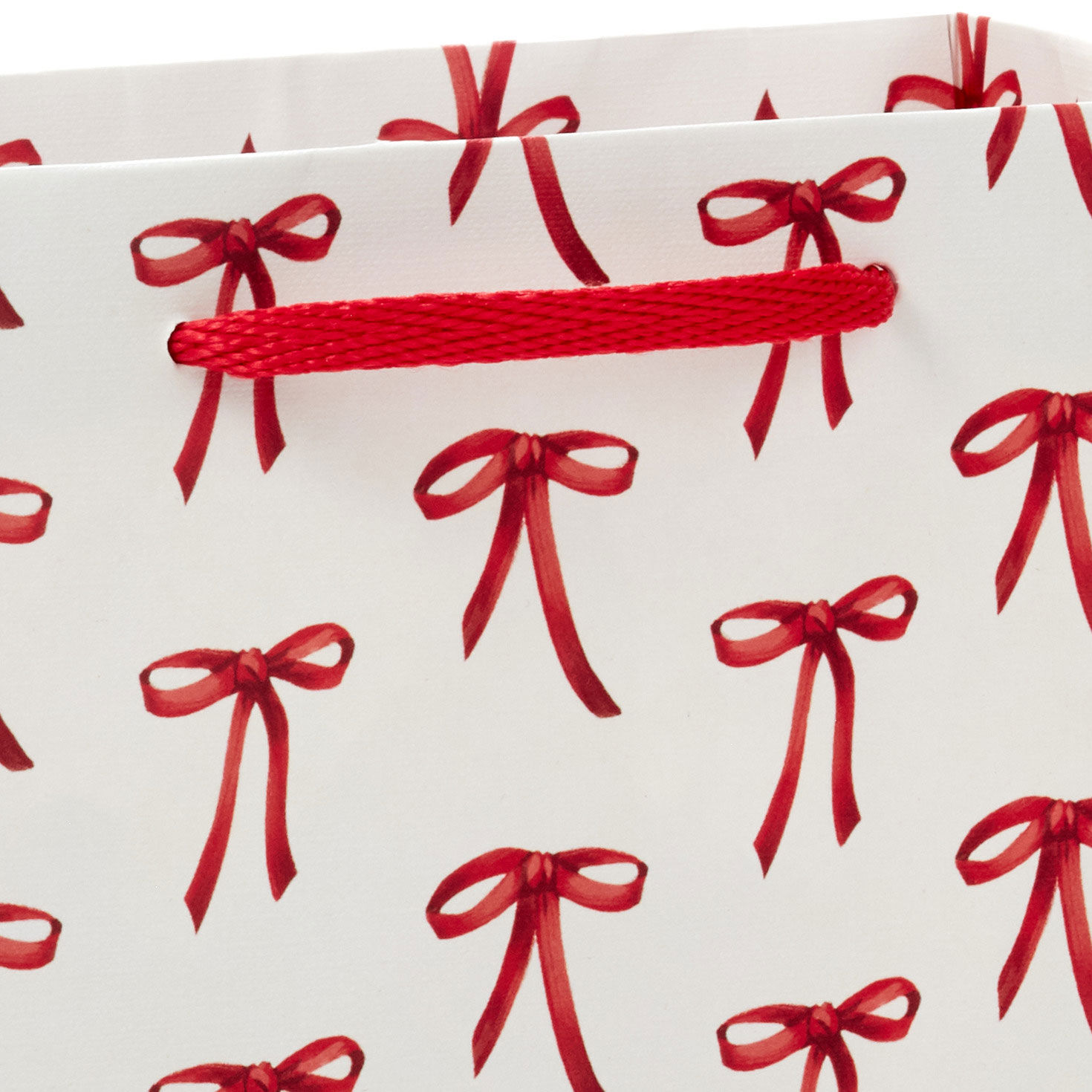 Red Bows on White Small Christmas Gift Bag Handle Detail image number 4