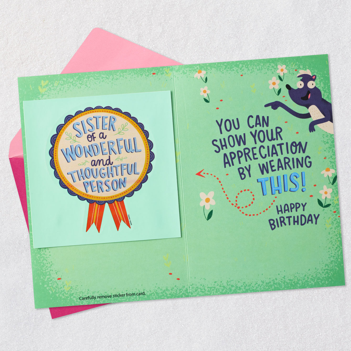Skunk Funny Birthday Card With Sticker for Sister Open card with envelope image number 3