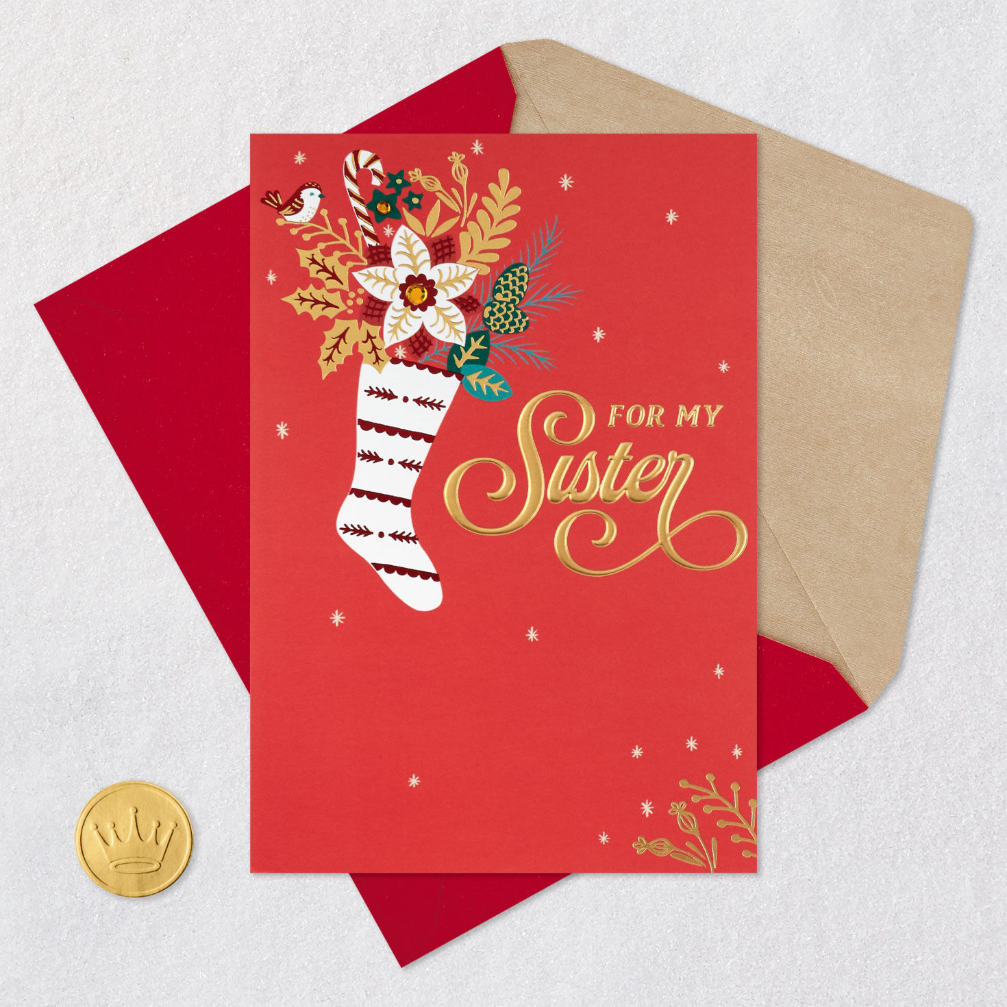 Holiday Stocking Sister Christmas Card Card Front with Envelope and Gold Seal image number 5