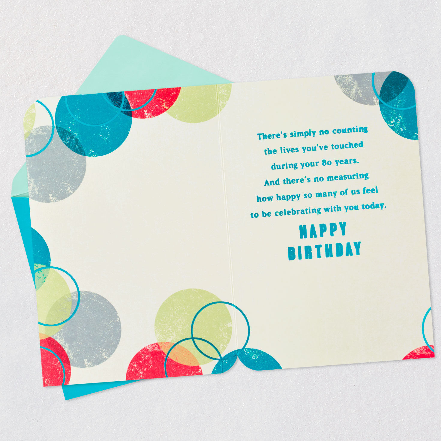Red and Blue Circles Eighth Birthday Card Open card with envelope image number 3