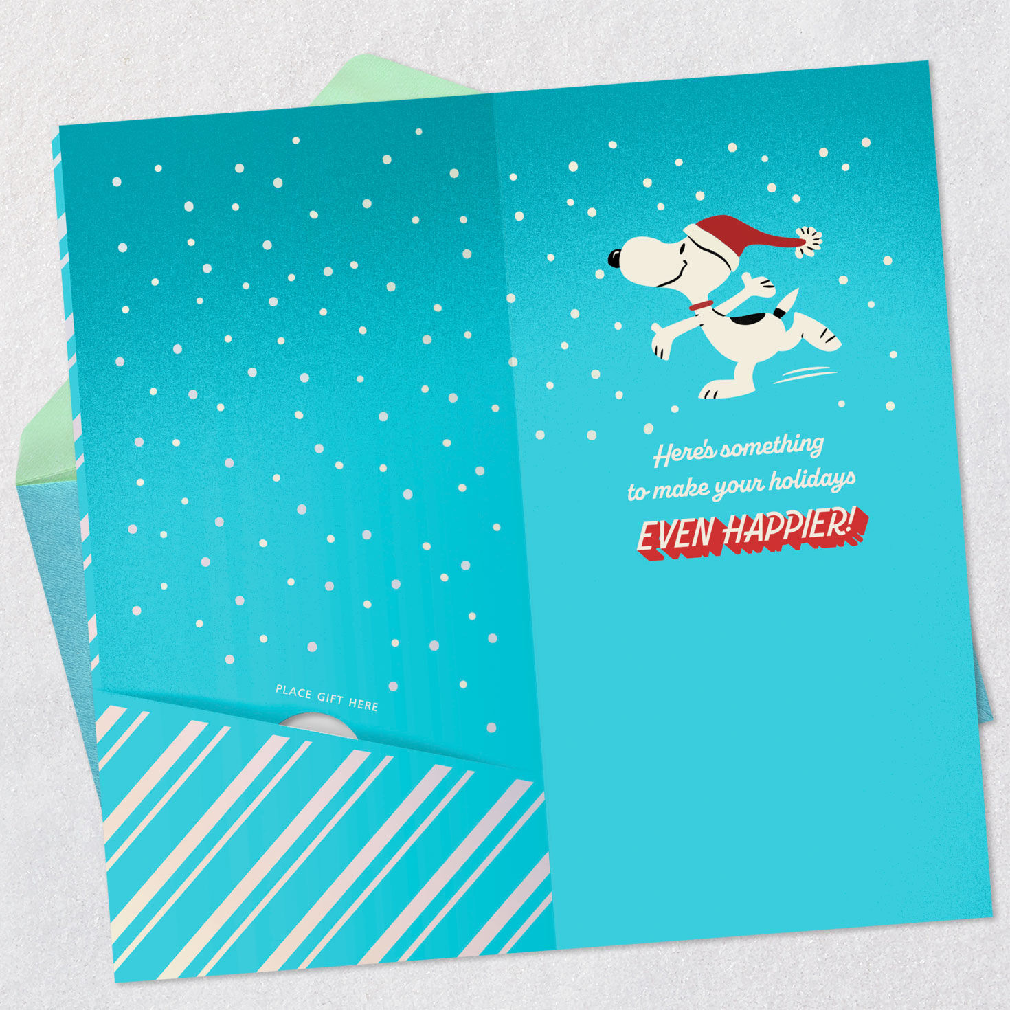 Dancing Snoopy on Blue Money Holder Christmas Card Open card with envelope image number 4