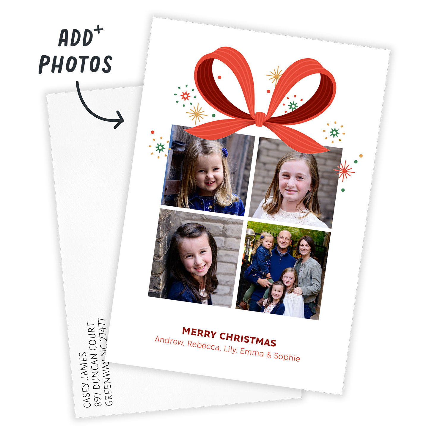 Red Bow With Stars Personalized Christmas Photo Card Card Front indicating personalization image number 2
