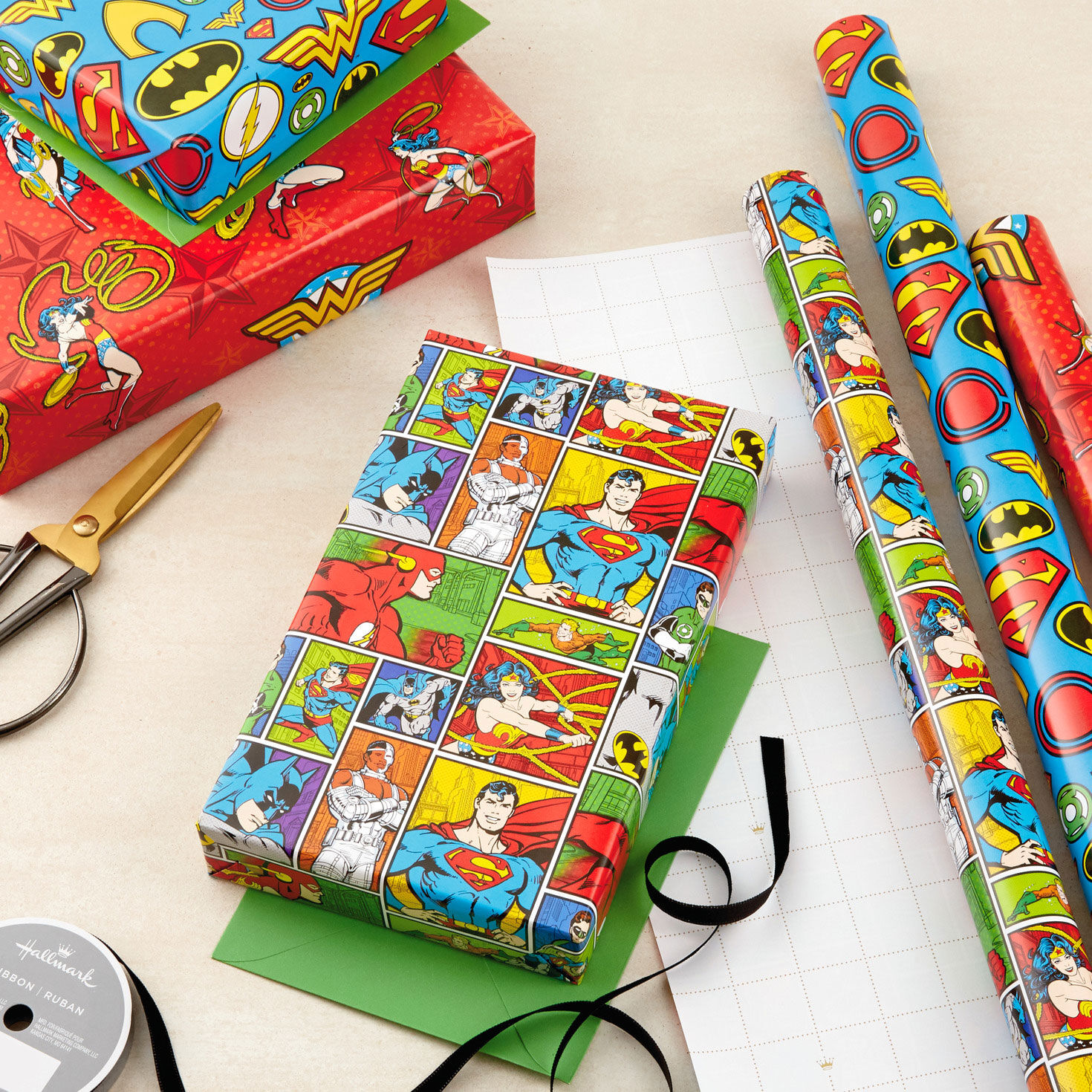 DC Logos, Comic Panels and Action Poses Gift Wrap in use image number 3