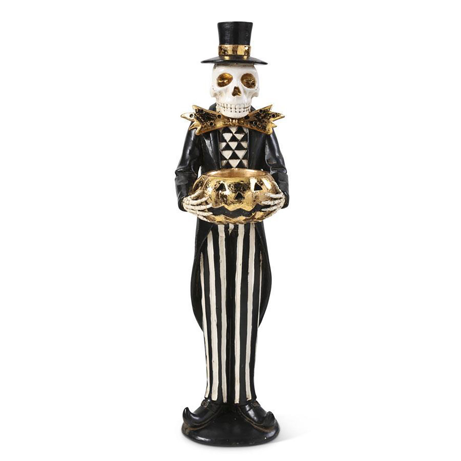 K&K Interiors Black and Gold Skeleton With Jack-o'-Lantern Figurine, 13"